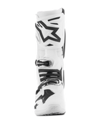 Alpinestars Tech 10 støvler, hvide motocross-støvler, set forfra med et sort Astars-logo på skinnebenspladen, system med flere spændelukninger og strømlinet beskyttende design til off-road racing