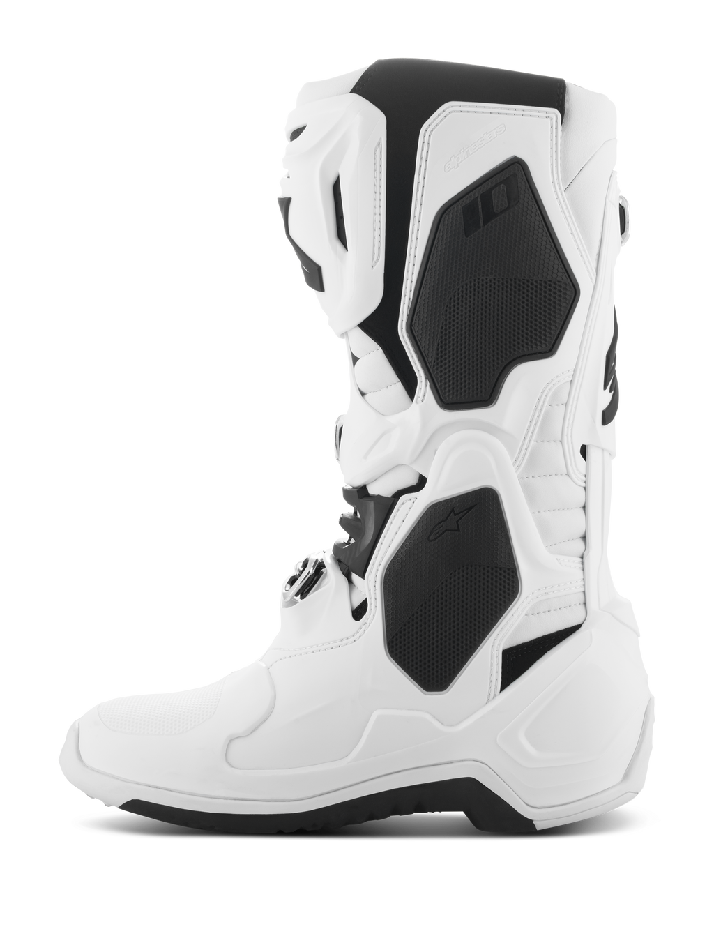 Alpinestars Tech 10 støvler, motocross-støvler, hvid med sorte detaljer, sideprofil der viser beskyttende TPU-skaller, spændelukningssystem og højtydende strømlinet design til off-road racing
