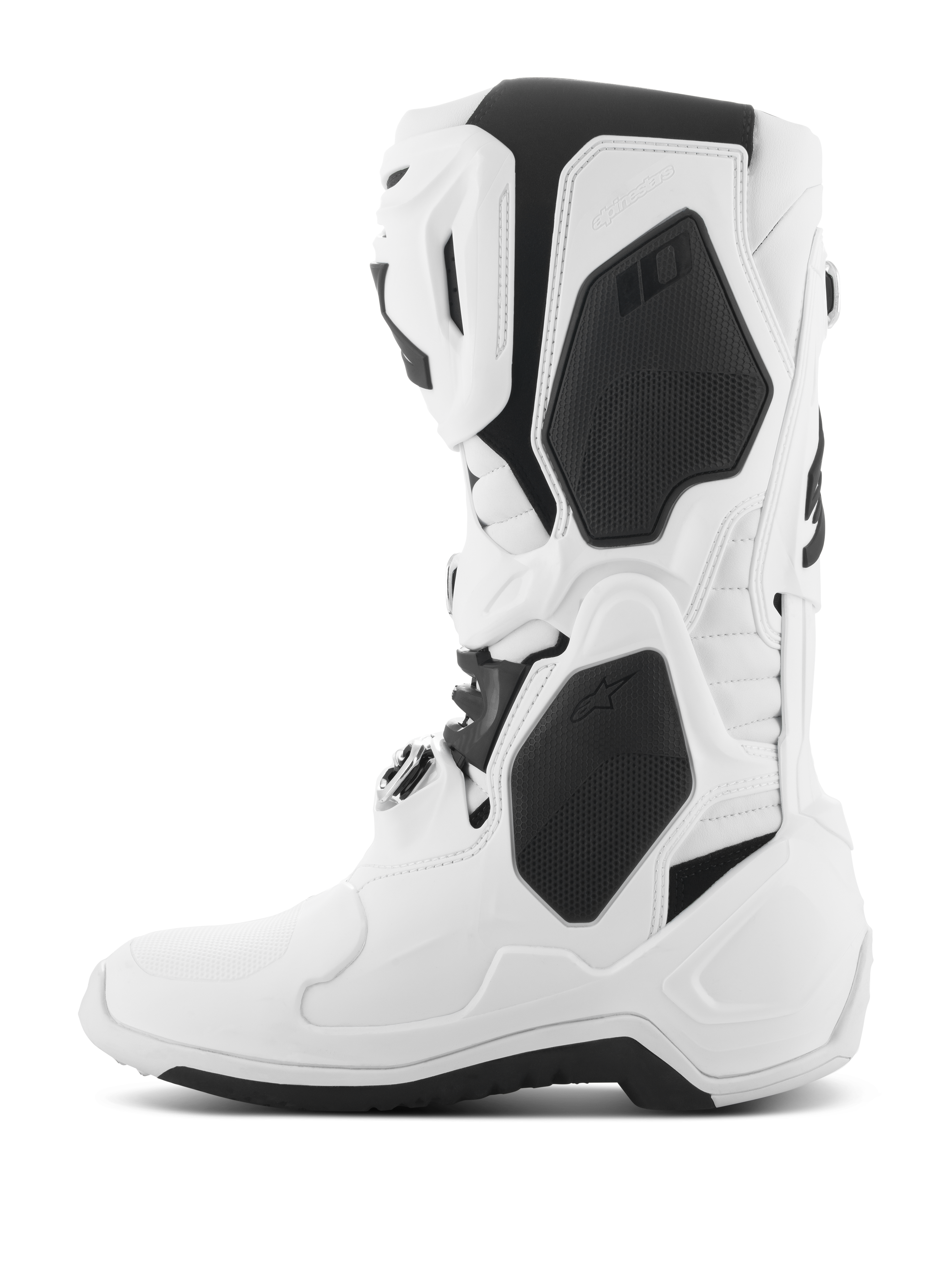 Alpinestars Tech 10 støvler, motocross-støvler, hvid med sorte detaljer, sideprofil der viser beskyttende TPU-skaller, spændelukningssystem og højtydende strømlinet design til off-road racing