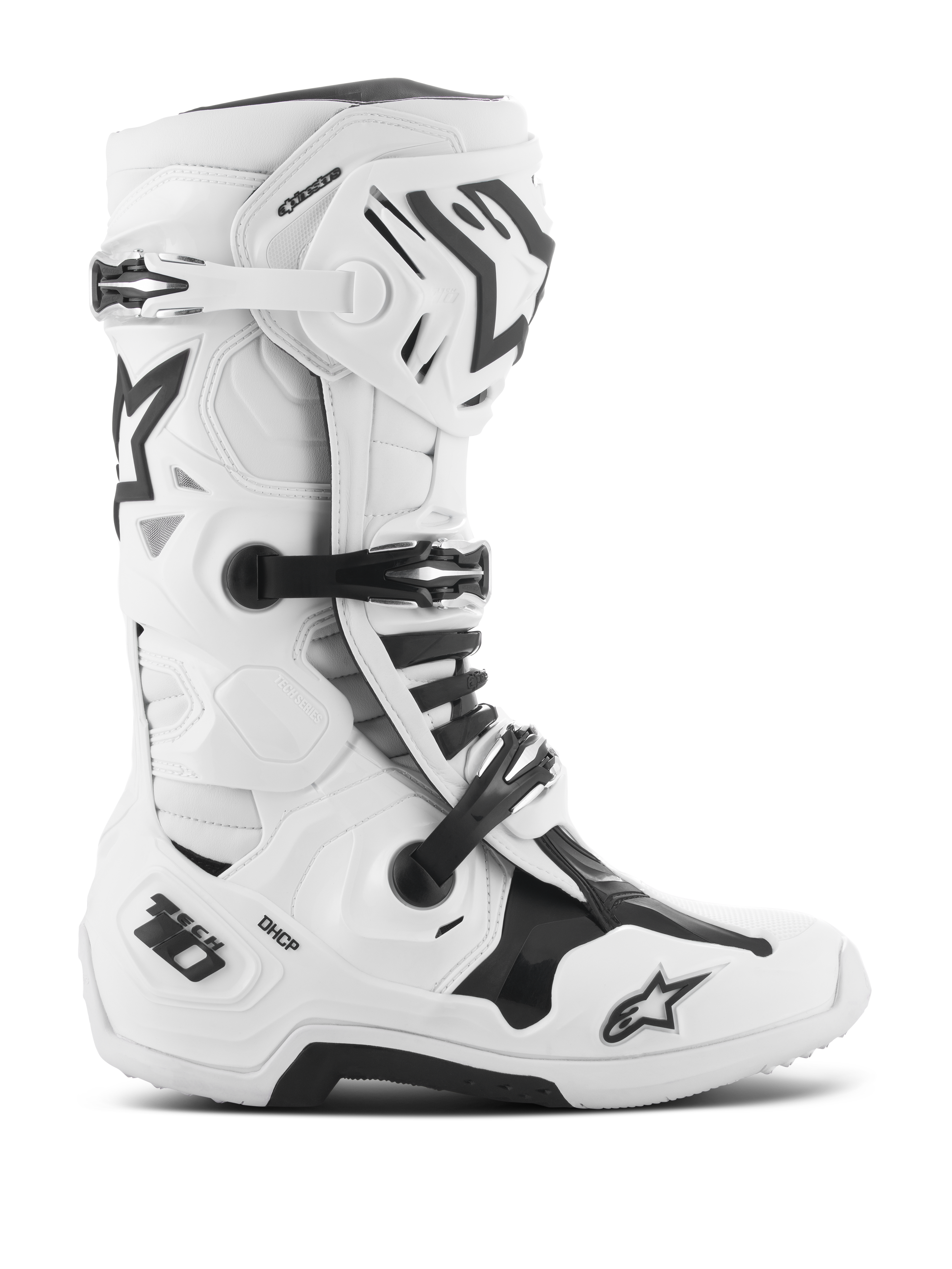 Alpinestars Tech 10 støvler, motocross-støvler, hvid og sort, tredobbelt spændelukkesystem, forstærket TPU-skal med 'Tech 10' og 'DHCP' branding, tyk robust sål, CE-certificeret beskyttende fodtøj til off-road kørsel