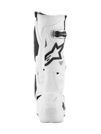 Alpinestars Tech 10-støvler, motocross-støvler, hvide med sorte detaljer, set bagfra med det sorte Astar-logo og spændelukning, avanceret beskyttelsesdesign til off-road racing