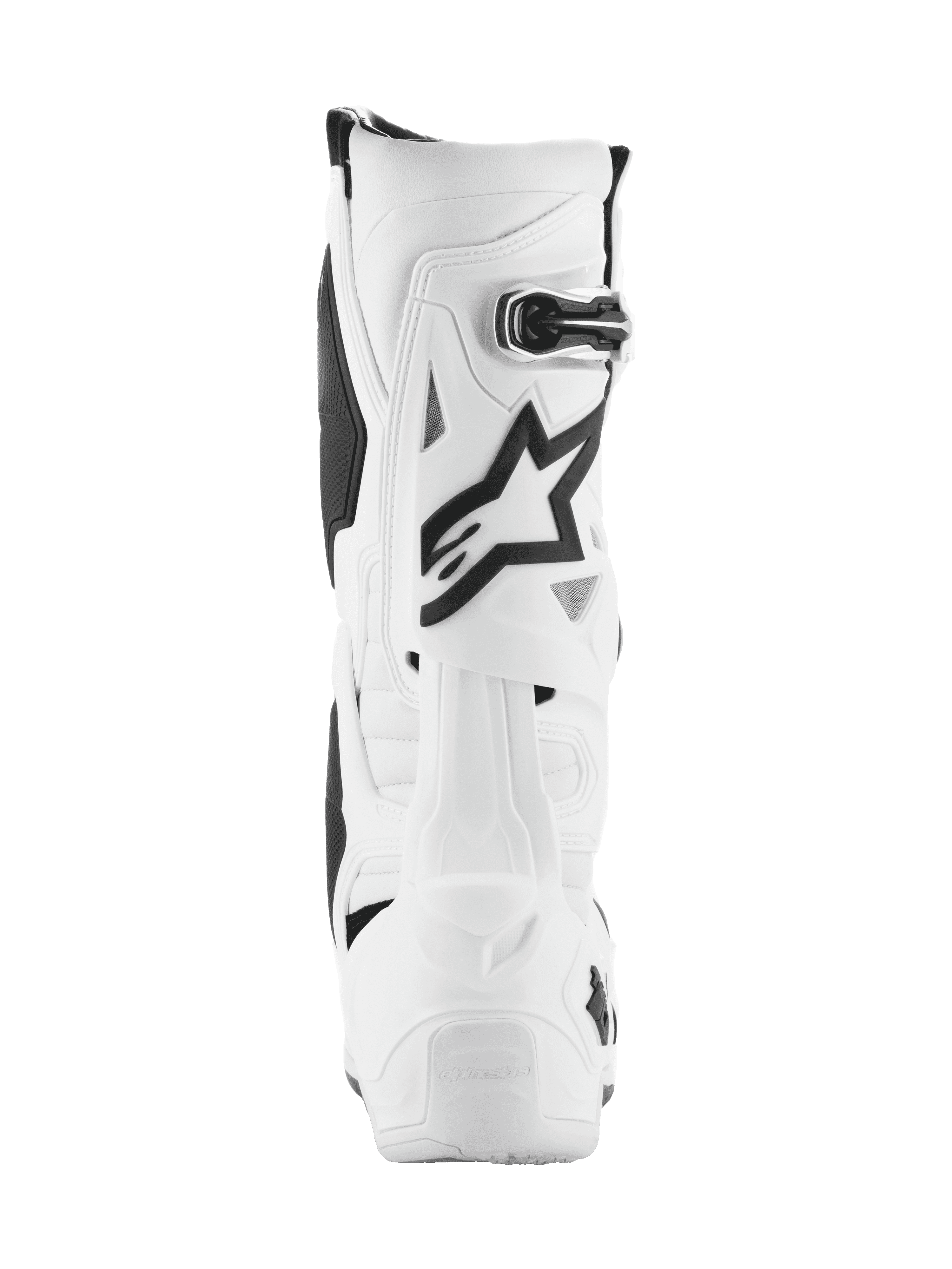 Alpinestars Tech 10-støvler, motocross-støvler, hvide med sorte detaljer, set bagfra med det sorte Astar-logo og spændelukning, avanceret beskyttelsesdesign til off-road racing