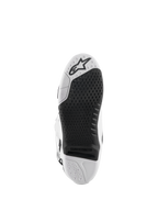 Alpinestars Tech 10 støvler, motocross-støvler, hvid og sort, undersiden af sålen med et tekstureret grebsmønster, Alpinestars-logo og en udskiftelig midterindsats til off-road racing