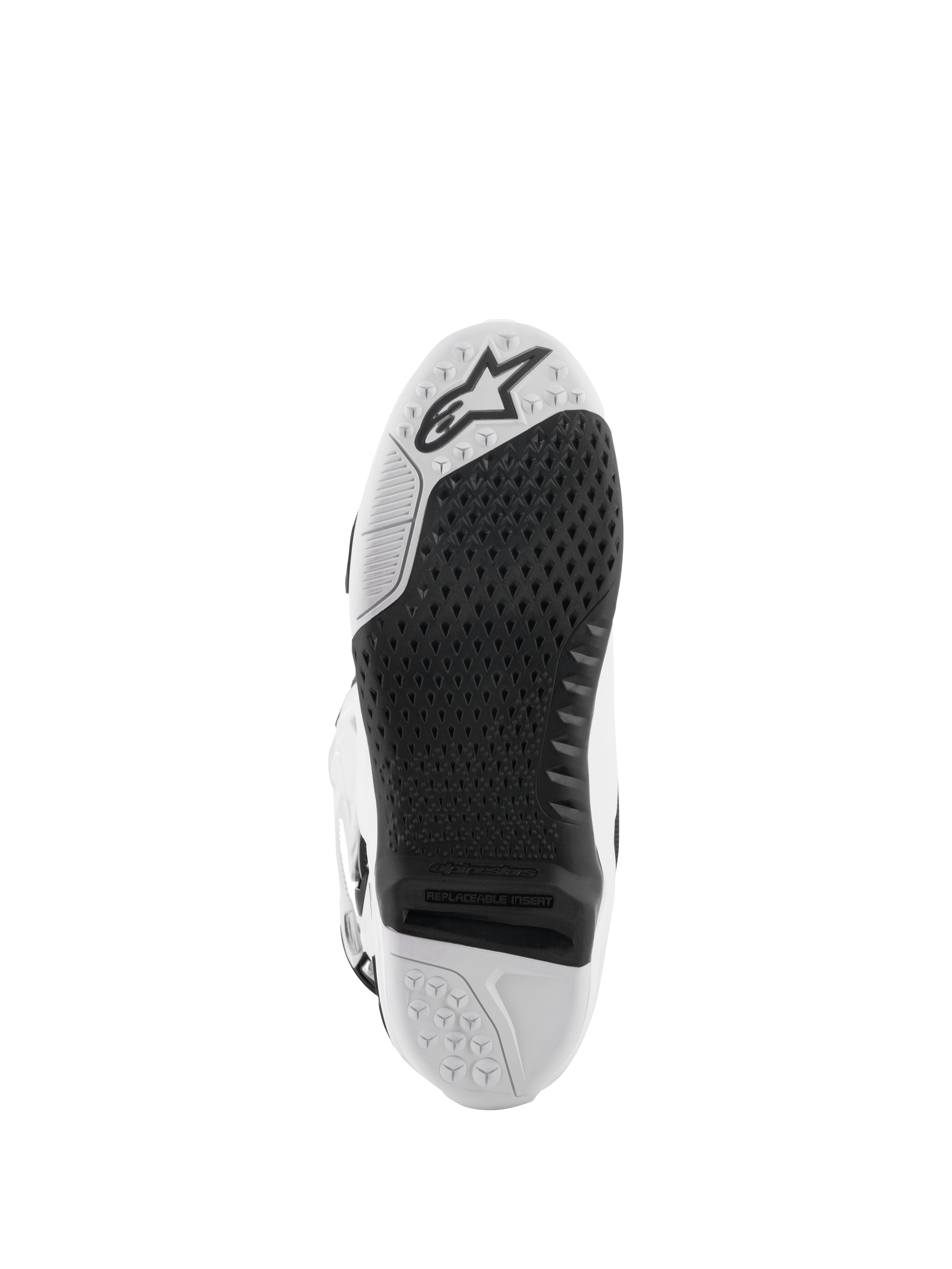 Alpinestars Tech 10 støvler, motocross-støvler, hvid og sort, undersiden af sålen med et tekstureret grebsmønster, Alpinestars-logo og en udskiftelig midterindsats til off-road racing