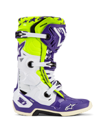 Alpinestars Tech 10 Dirt Studios® LE Boots, Motocross Boots, Purple White and Yellow Fluo, side profile featuring white adjustable buckles, star pattern graphics, protective TPU components, and rugged sole for off-road performance