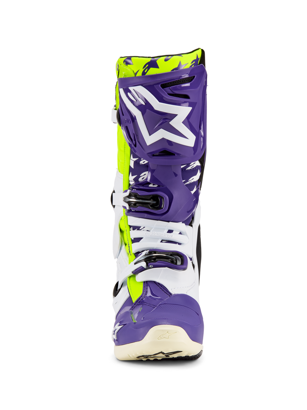 Alpinestars Tech 10 Dirt Studios® LE Boots, Motocross Boots, Purple White and Yellow Fluo, front view featuring a large white logo on a purple shin plate, multi-buckle closure system, and durable protective shell for off-road racing