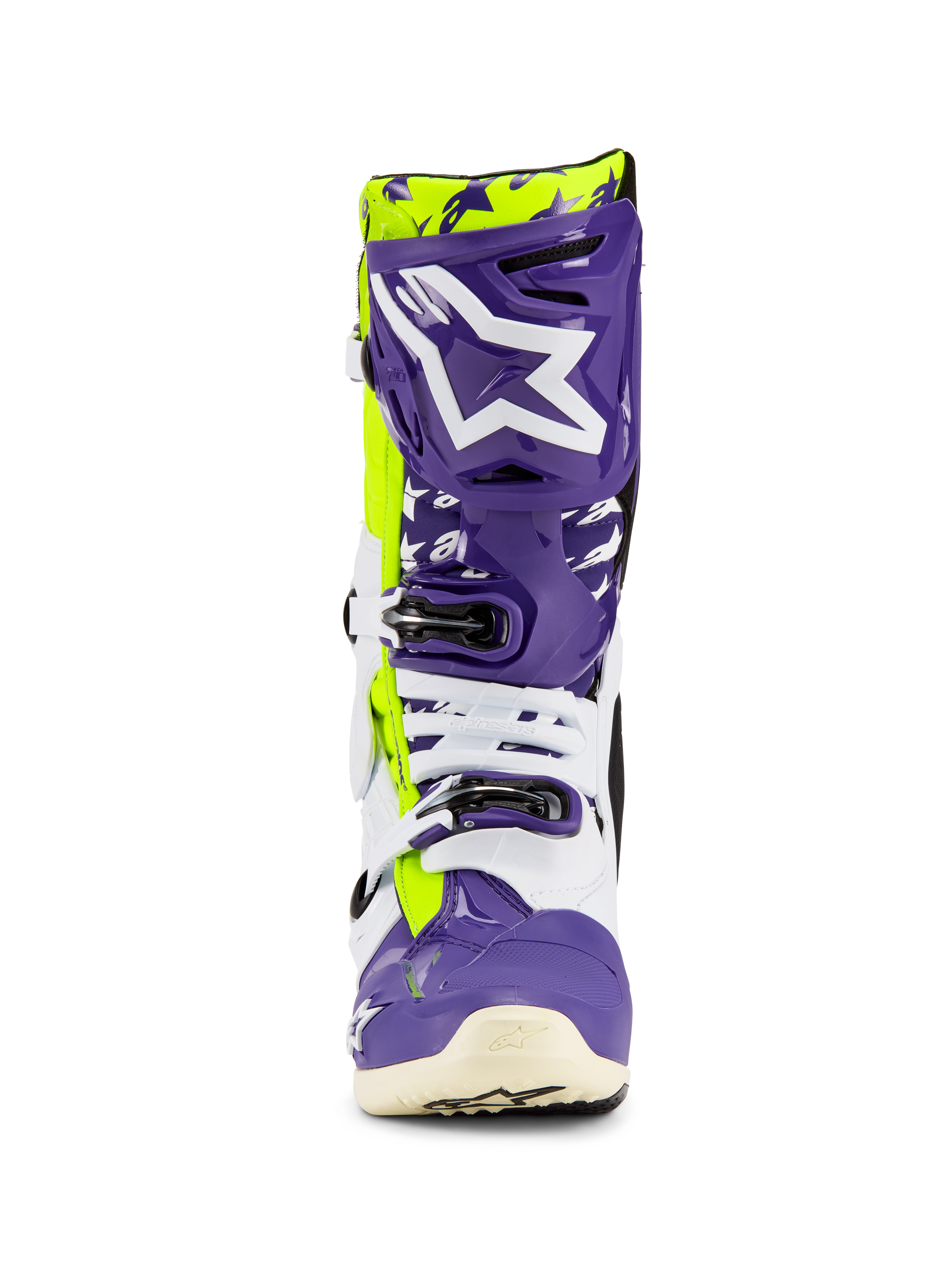 Alpinestars Tech 10 Dirt Studios® LE Boots, Motocross Boots, Purple White and Yellow Fluo, front view featuring a large white logo on a purple shin plate, multi-buckle closure system, and durable protective shell for off-road racing