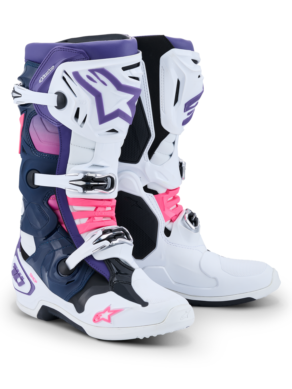 Alpinestars Tech 10 støvler, motocross-støvler, hvid, violet, mørkeblå og pink fluo, med et tredobbelt spændelukningssystem, mørkeblå og lilla paneler og stærke lyserøde detaljer på stropperne og logoerne, professionelt fodtøj til off-road racing