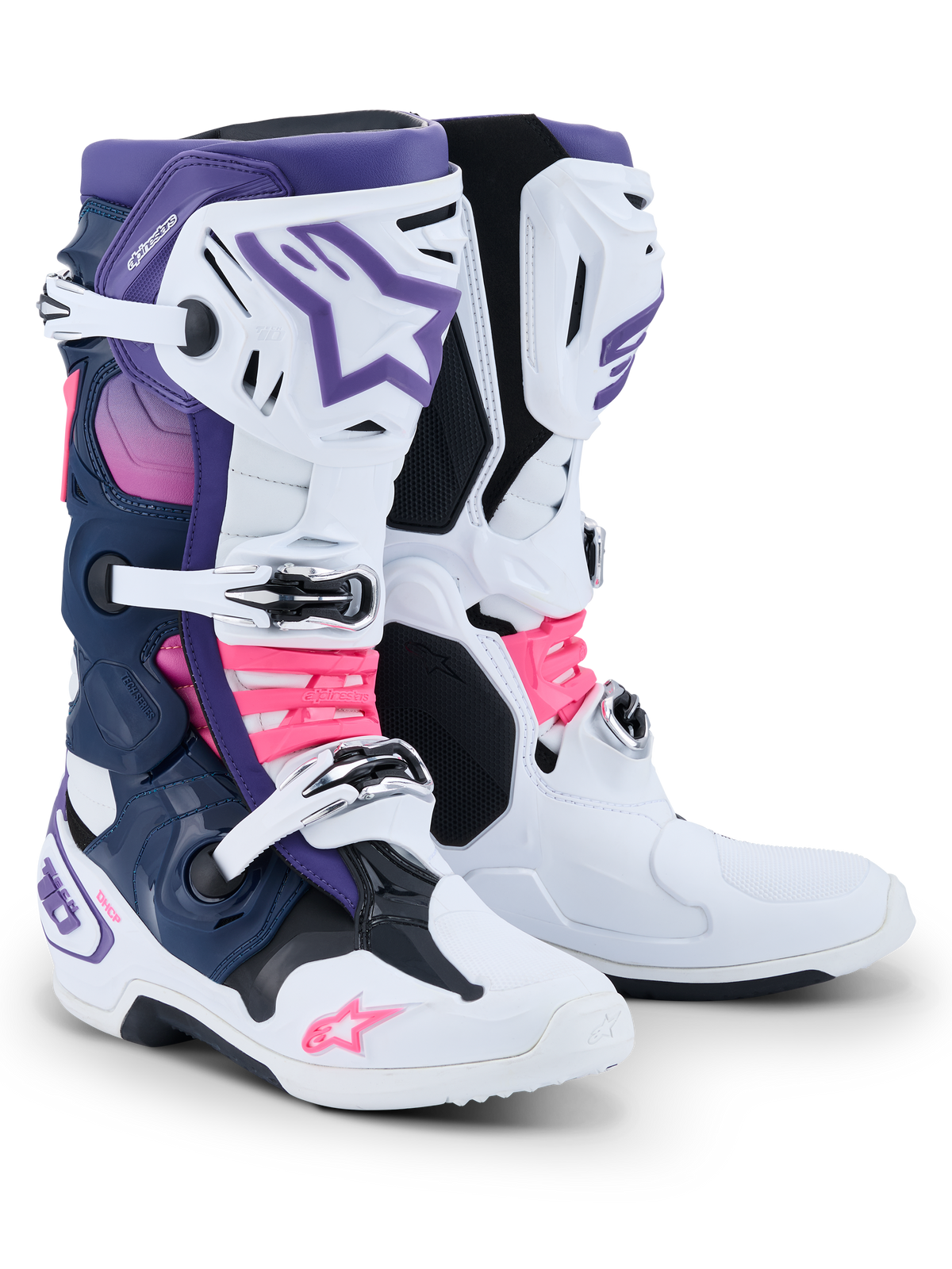 Alpinestars Tech 10 støvler, motocross-støvler, hvid, violet, mørkeblå og pink fluo, med et tredobbelt spændelukningssystem, mørkeblå og lilla paneler og stærke lyserøde detaljer på stropperne og logoerne, professionelt fodtøj til off-road racing