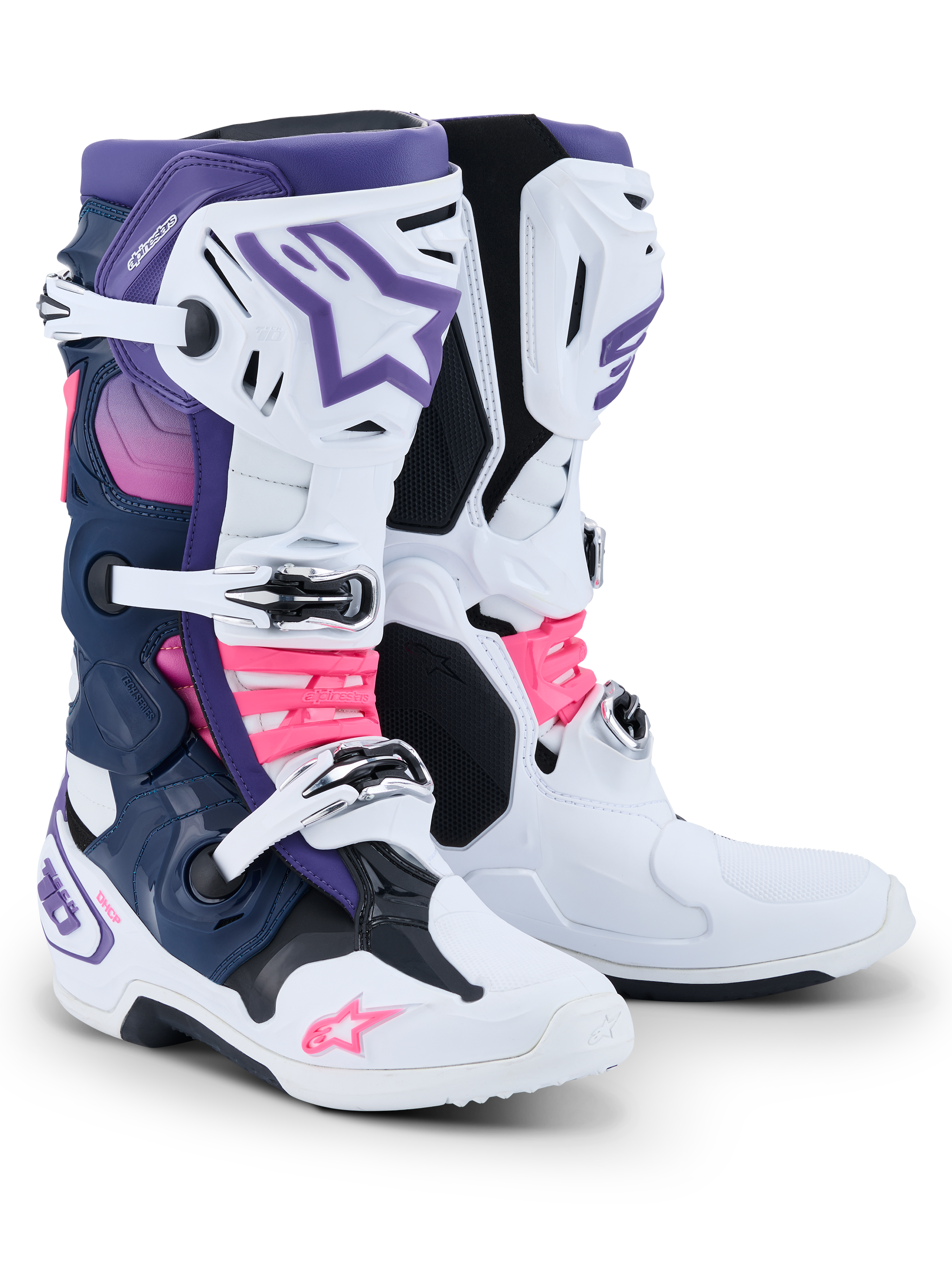 Alpinestars Tech 10 støvler, motocross-støvler, hvid, violet, mørkeblå og pink fluo, med et tredobbelt spændelukningssystem, mørkeblå og lilla paneler og stærke lyserøde detaljer på stropperne og logoerne, professionelt fodtøj til off-road racing