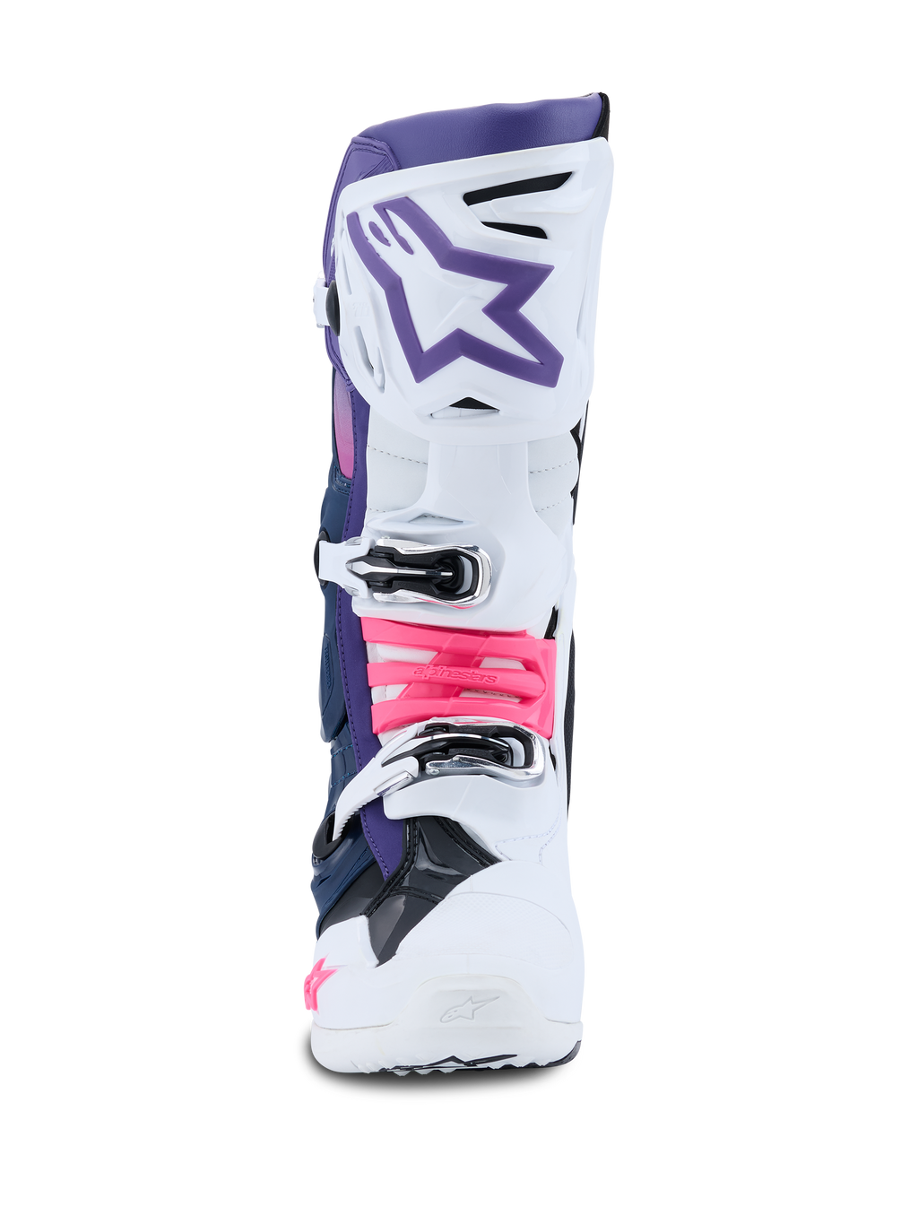 Alpinestars Tech 10 støvler, motocross-støvler, hvid, violet, mørkeblå og pink fluo, set forfra, hvid beskyttende skal med en violet topsektion, lilla stjerne-logo og pink fluo-spænder, professionelt fodtøj til off-road kørsel