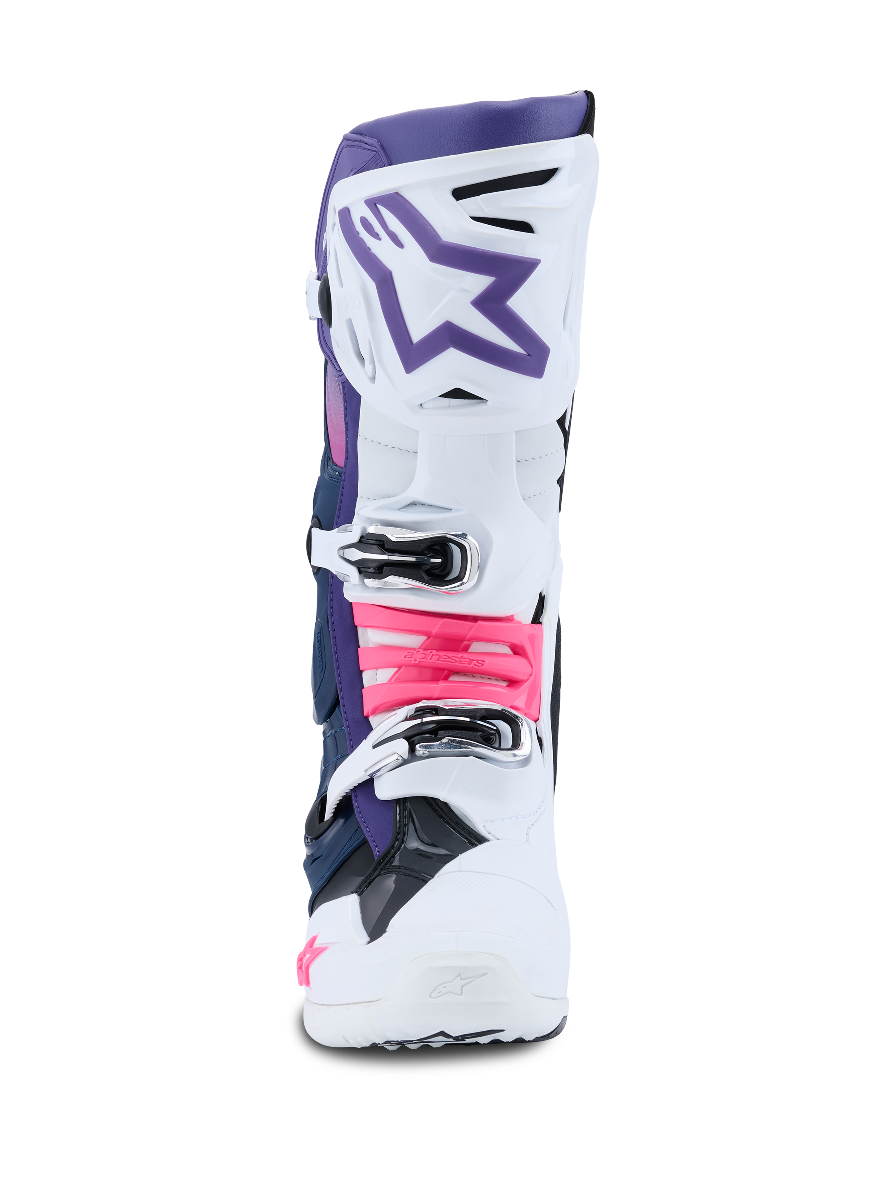 Alpinestars Tech 10 støvler, motocross-støvler, hvid, violet, mørkeblå og pink fluo, set forfra, hvid beskyttende skal med en violet topsektion, lilla stjerne-logo og pink fluo-spænder, professionelt fodtøj til off-road kørsel