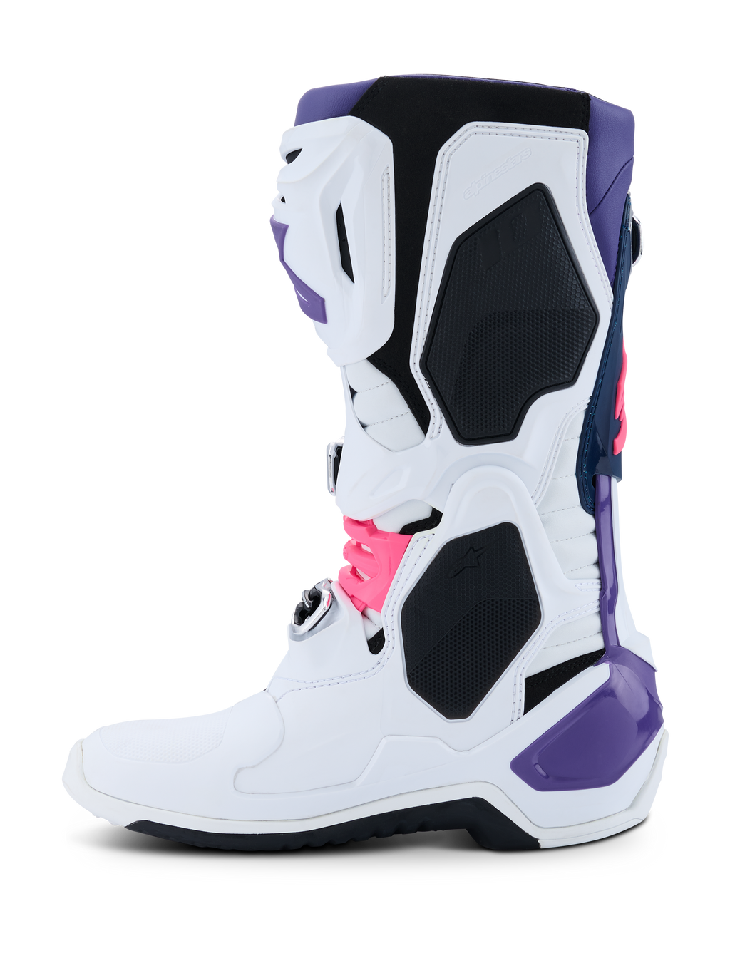 Alpinestars Tech 10 støvler, motocross-støvler, hvid, violet, mørkeblå og neon pink, sideprofil med hvidt hovedchassis, detaljer i violet, mørkeblå og neon pink, beskyttende TPU-paneler, strømlinet design til terrænkørsel