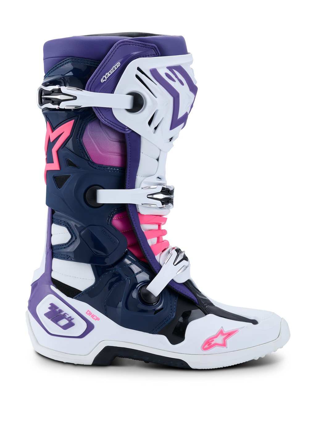 Alpinestars Tech 10 støvler, motocross-støvler, hvid, lilla, mørkeblå og pink fluo, sidevisning med tredobbelt spændelukning, beskyttende TPU-chassis, Alpinestars stjernelogoer og DHCP-branding, højtydende terrænracerstøvler
