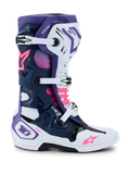 Alpinestars Tech 10 støvler, motocross-støvler, hvid, lilla, mørkeblå og pink fluo, sidevisning med tredobbelt spændelukning, beskyttende TPU-chassis, Alpinestars stjernelogoer og DHCP-branding, højtydende terrænracerstøvler