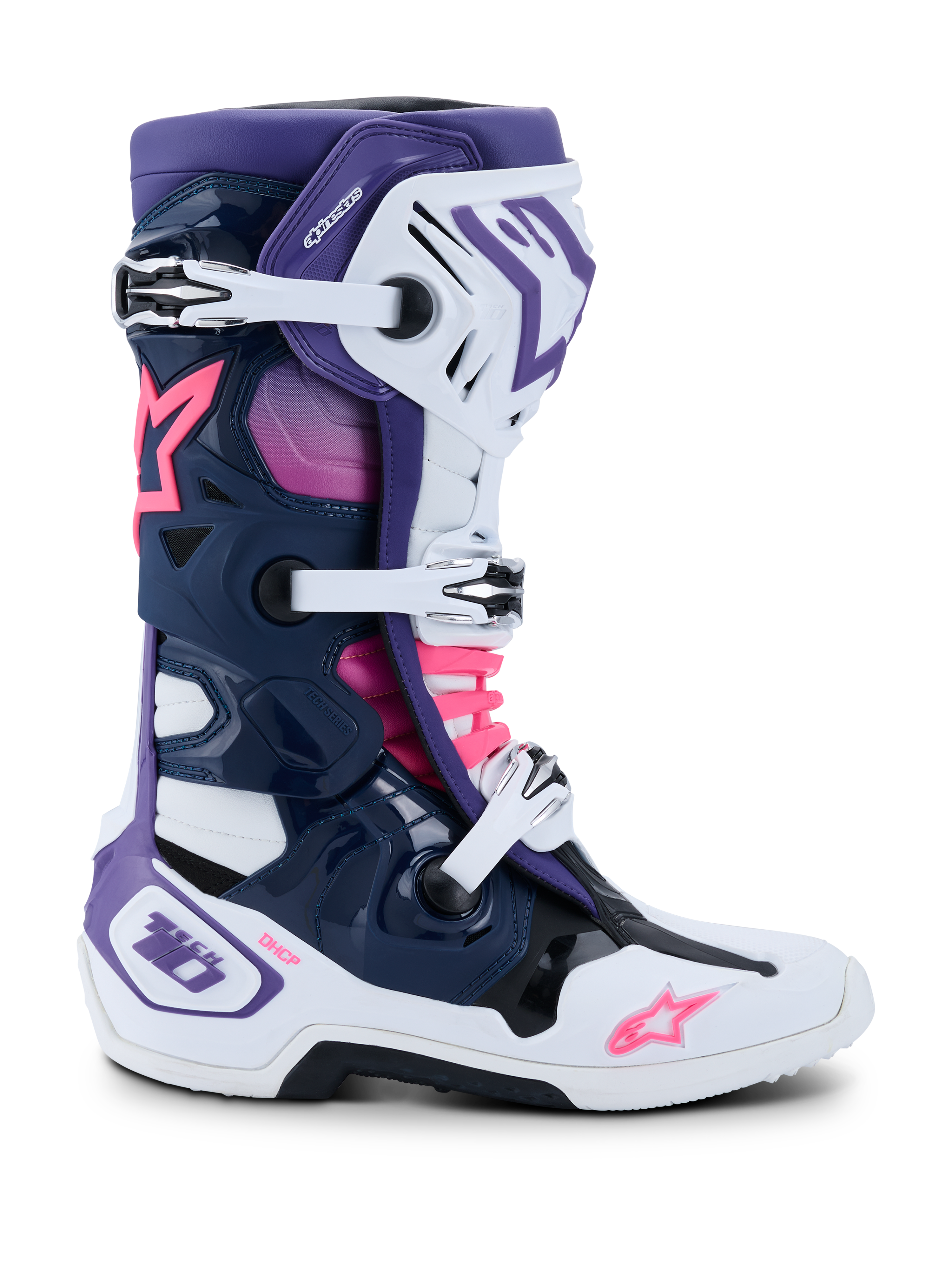 Alpinestars Tech 10 støvler, motocross-støvler, hvid, lilla, mørkeblå og pink fluo, sidevisning med tredobbelt spændelukning, beskyttende TPU-chassis, Alpinestars stjernelogoer og DHCP-branding, højtydende terrænracerstøvler