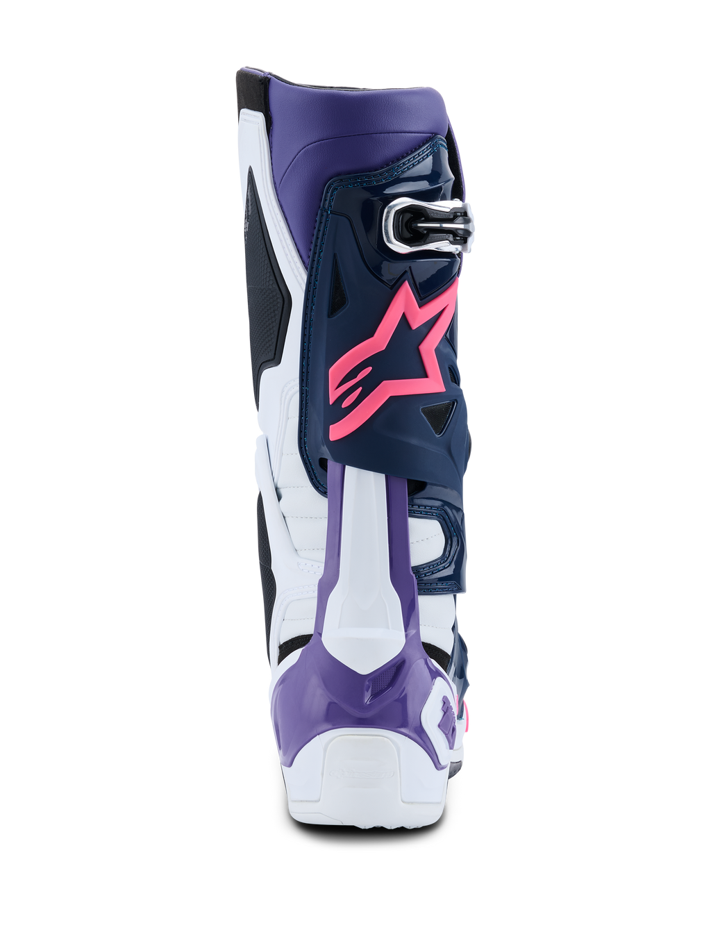 Alpinestars Tech 10 støvler, motocross-støvler, hvid, violet, navyblå og pink fluo, set bagfra med pink Alpinestars stjernelogo, violet hælbeskytter, højtydende flerfarvede beskyttelsespaneler