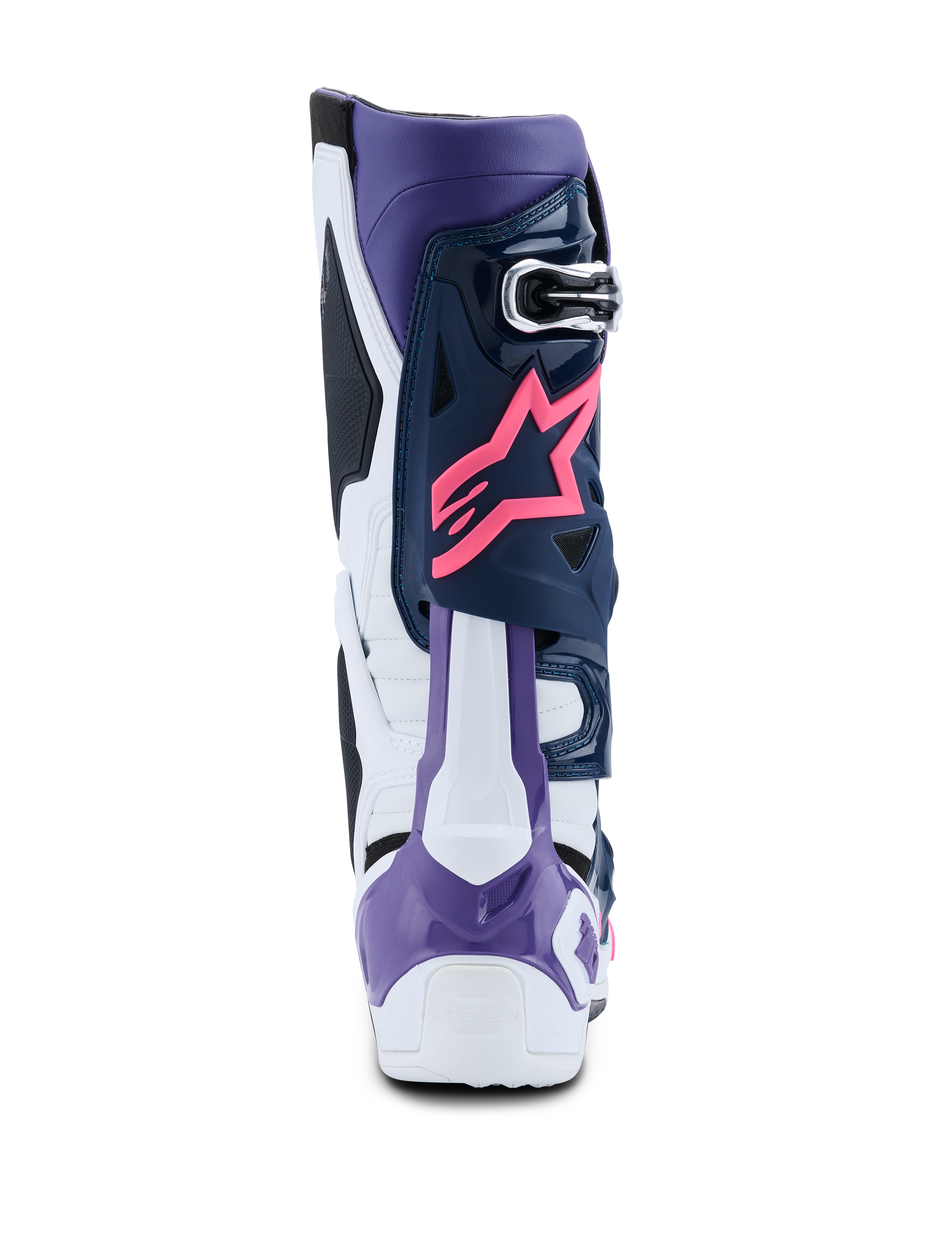 Alpinestars Tech 10 støvler, motocross-støvler, hvid, violet, navyblå og pink fluo, set bagfra med pink Alpinestars stjernelogo, violet hælbeskytter, højtydende flerfarvede beskyttelsespaneler
