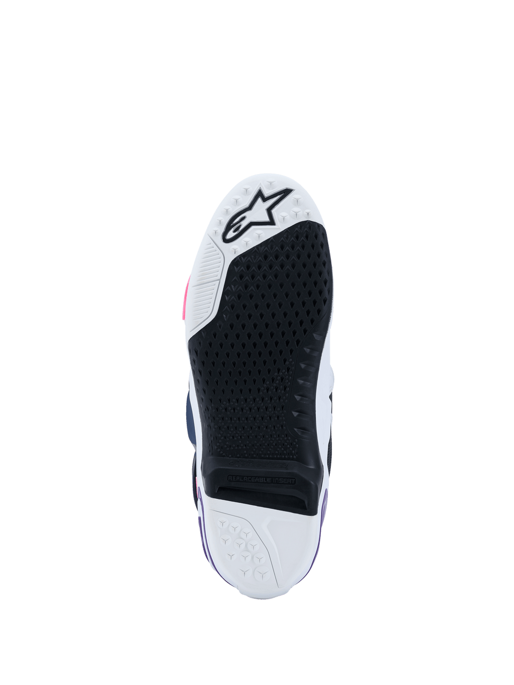 Alpinestars Tech 10-støvler, visning af sålen nedefra, hvid, violet, navyblå og pink fluo, sort gummimønster med højt greb og udskiftelig central indsats, hvid tå og hæl med stjernelogo, professionelt motocross-fodtøj