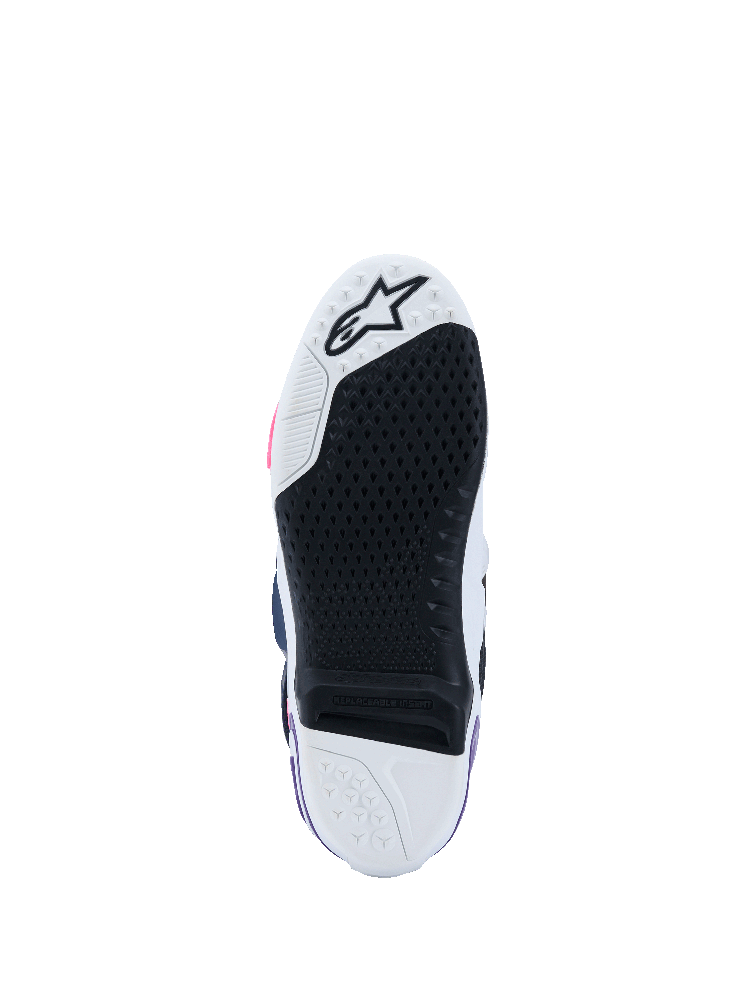 Alpinestars Tech 10-støvler, visning af sålen nedefra, hvid, violet, navyblå og pink fluo, sort gummimønster med højt greb og udskiftelig central indsats, hvid tå og hæl med stjernelogo, professionelt motocross-fodtøj