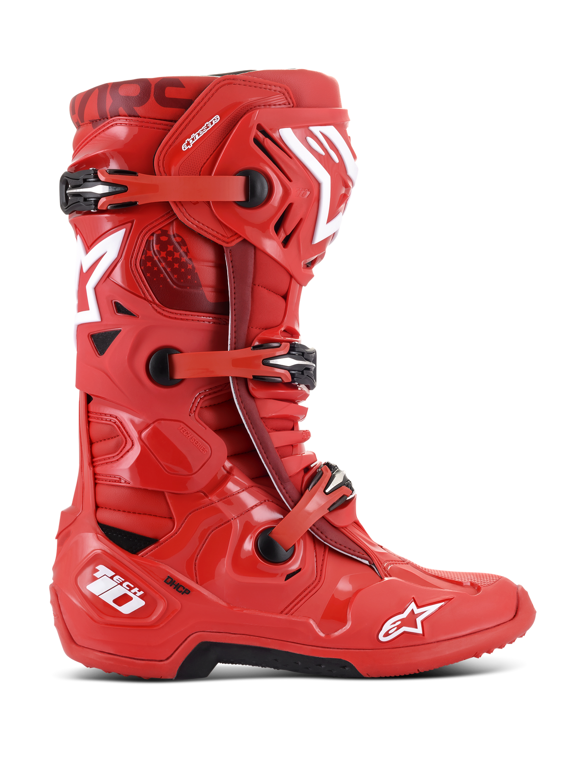 Alpinestars Tech 10 Boots, Motocross Racing Boots, Red with white and black accents, side profile view featuring triple buckle closure system, reinforced TPU shell, white star logos, and DHCP technology branding