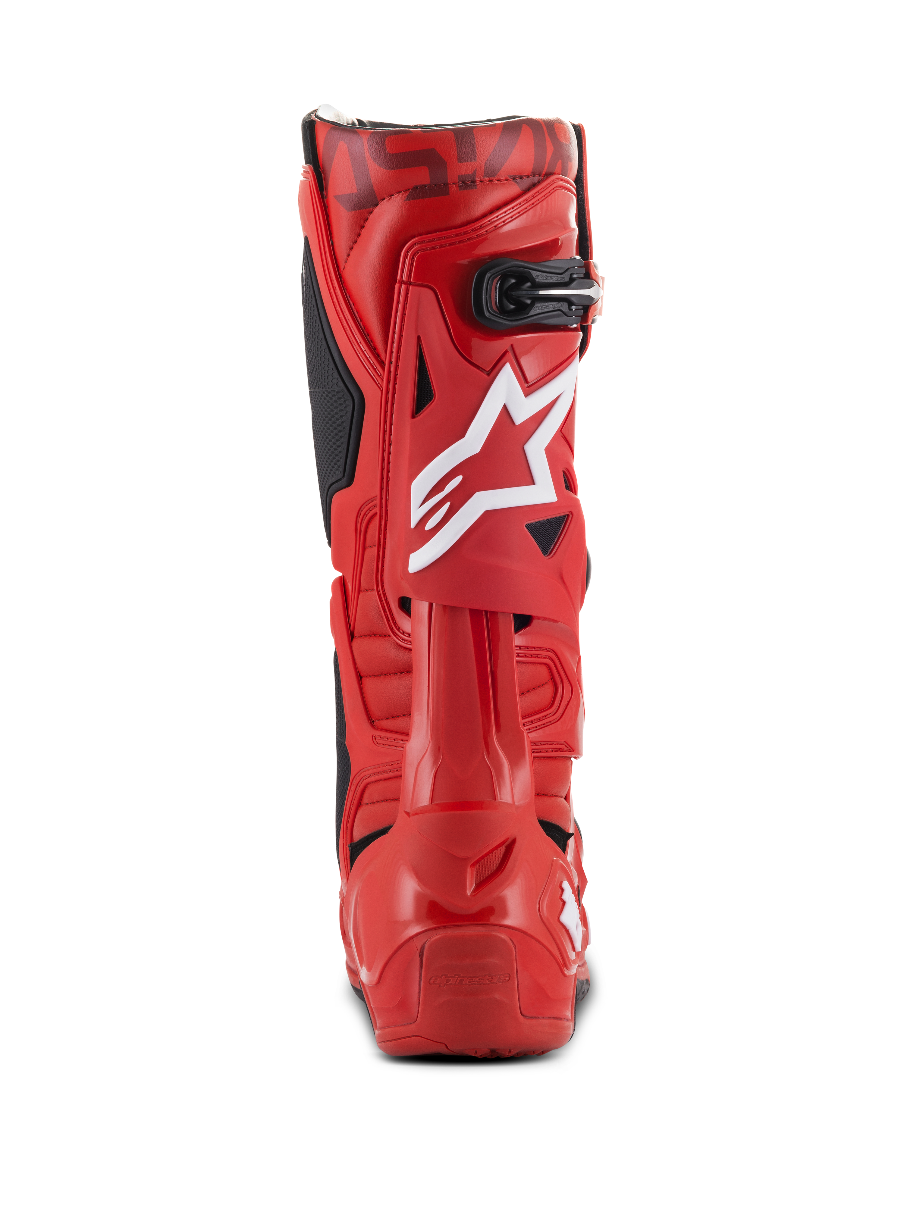 Alpinestars Tech 10 Boots, Motocross Boots, Red, rear view featuring a white star logo on the calf, black buckle at the top, and durable red TPU shell for off-road performance.