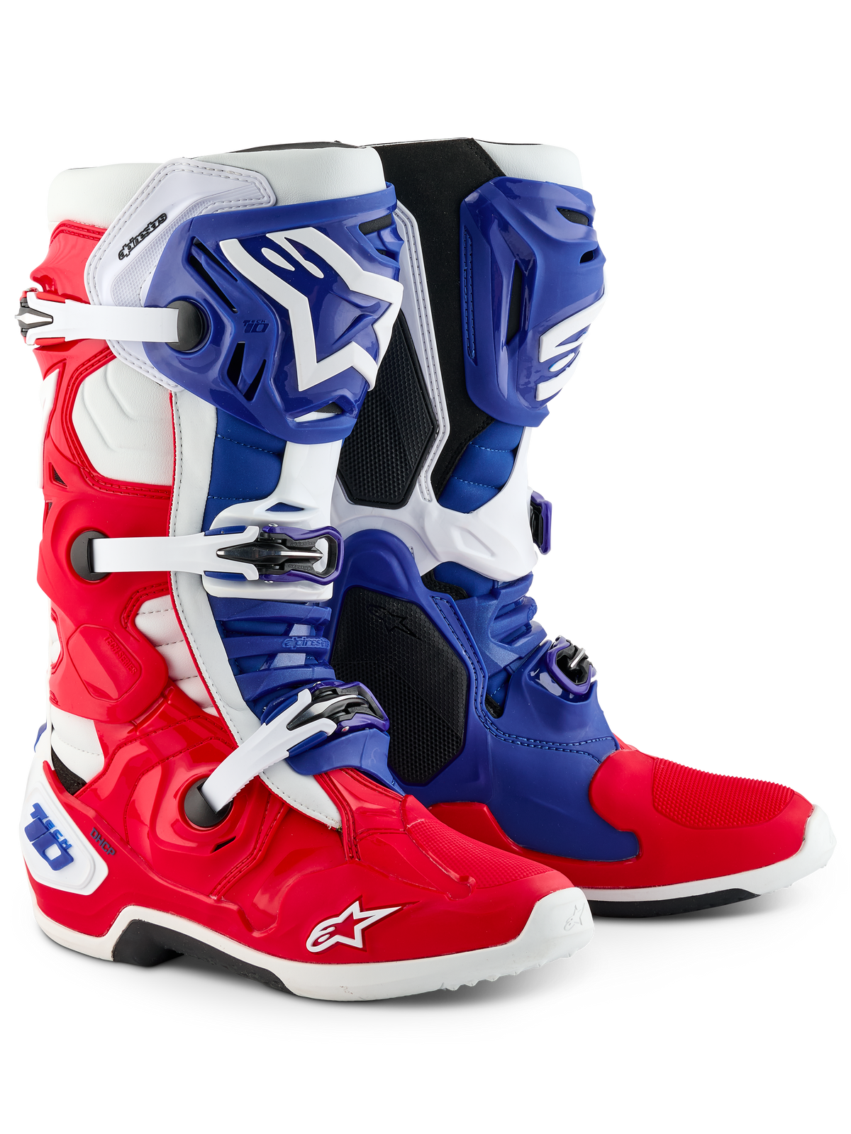 Alpinestars Limited Edition Fortitude Tech 10-støvle, motocross-støvler, klar rød, hvid og blå, med tredobbelt spændelukning, Astars-branding og patriotisk design, holdbar TPU- og mikrofiberkonstruktion til elite off-road-performance