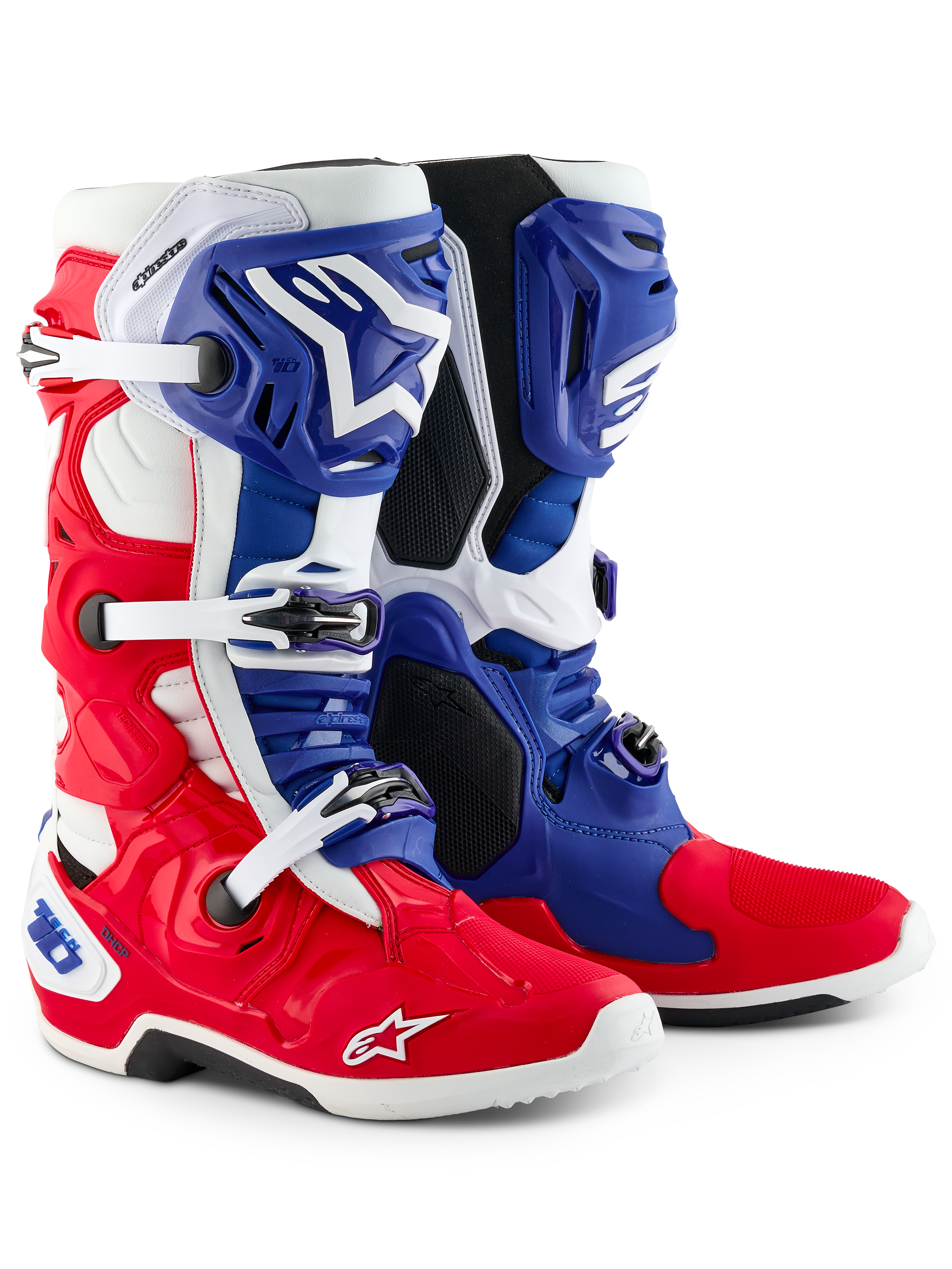 Alpinestars Limited Edition Fortitude Tech 10-støvle, motocross-støvler, klar rød, hvid og blå, med tredobbelt spændelukning, Astars-branding og patriotisk design, holdbar TPU- og mikrofiberkonstruktion til elite off-road-performance