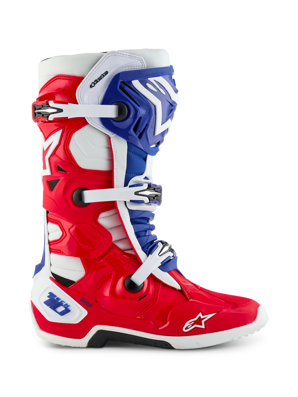 Alpinestars Limited Edition Fortitude Tech 10 støvle, motocross-støvle, klart rødt, hvidt og blåt patriotisk design, set fra siden med tredobbelt spændelukning, beskyttende TPU-skal og Alpinestars-logo på tåen, elite performance terrænfodtøj