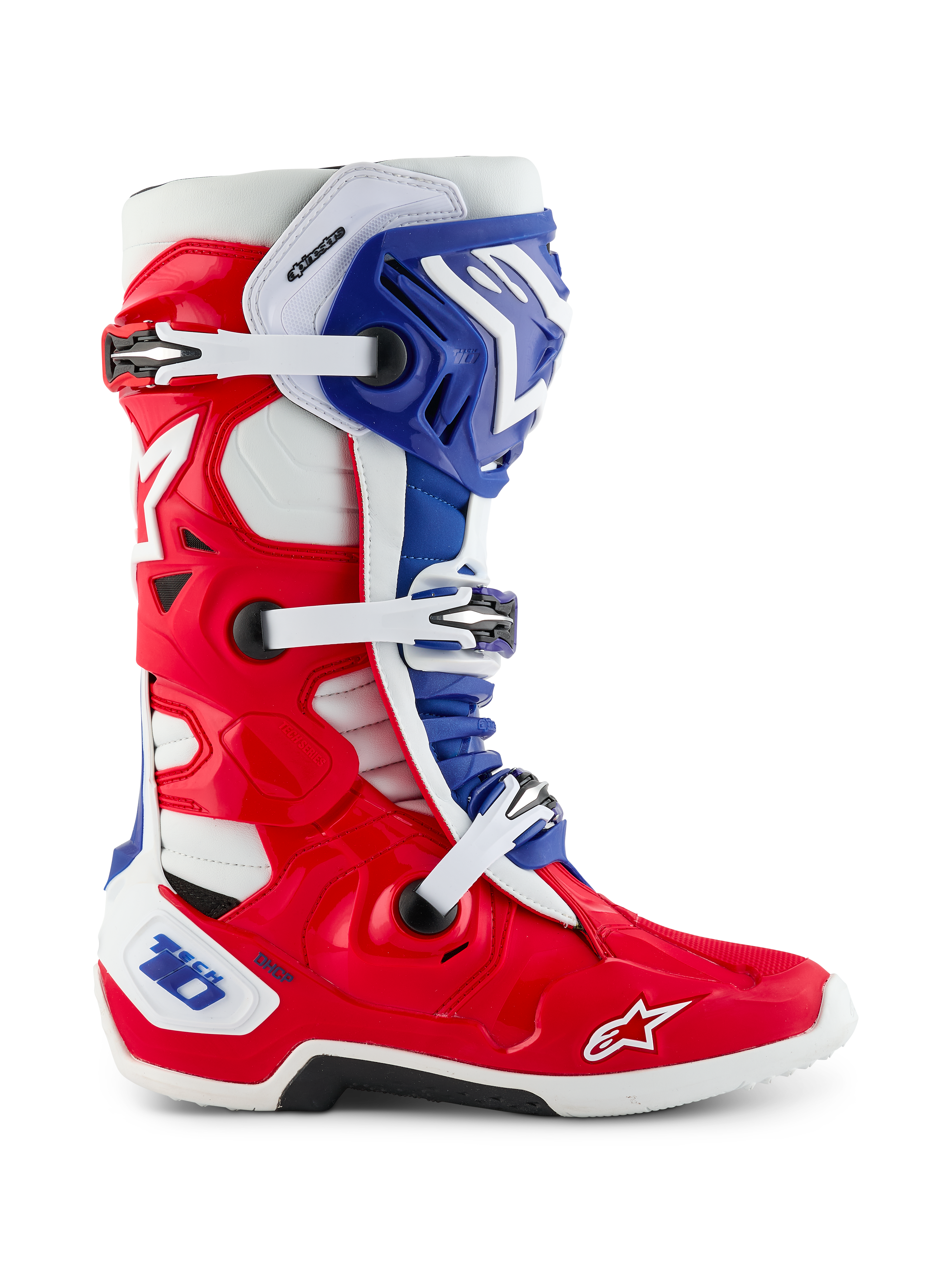 Alpinestars Limited Edition Fortitude Tech 10 støvle, motocross-støvle, klart rødt, hvidt og blåt patriotisk design, set fra siden med tredobbelt spændelukning, beskyttende TPU-skal og Alpinestars-logo på tåen, elite performance terrænfodtøj