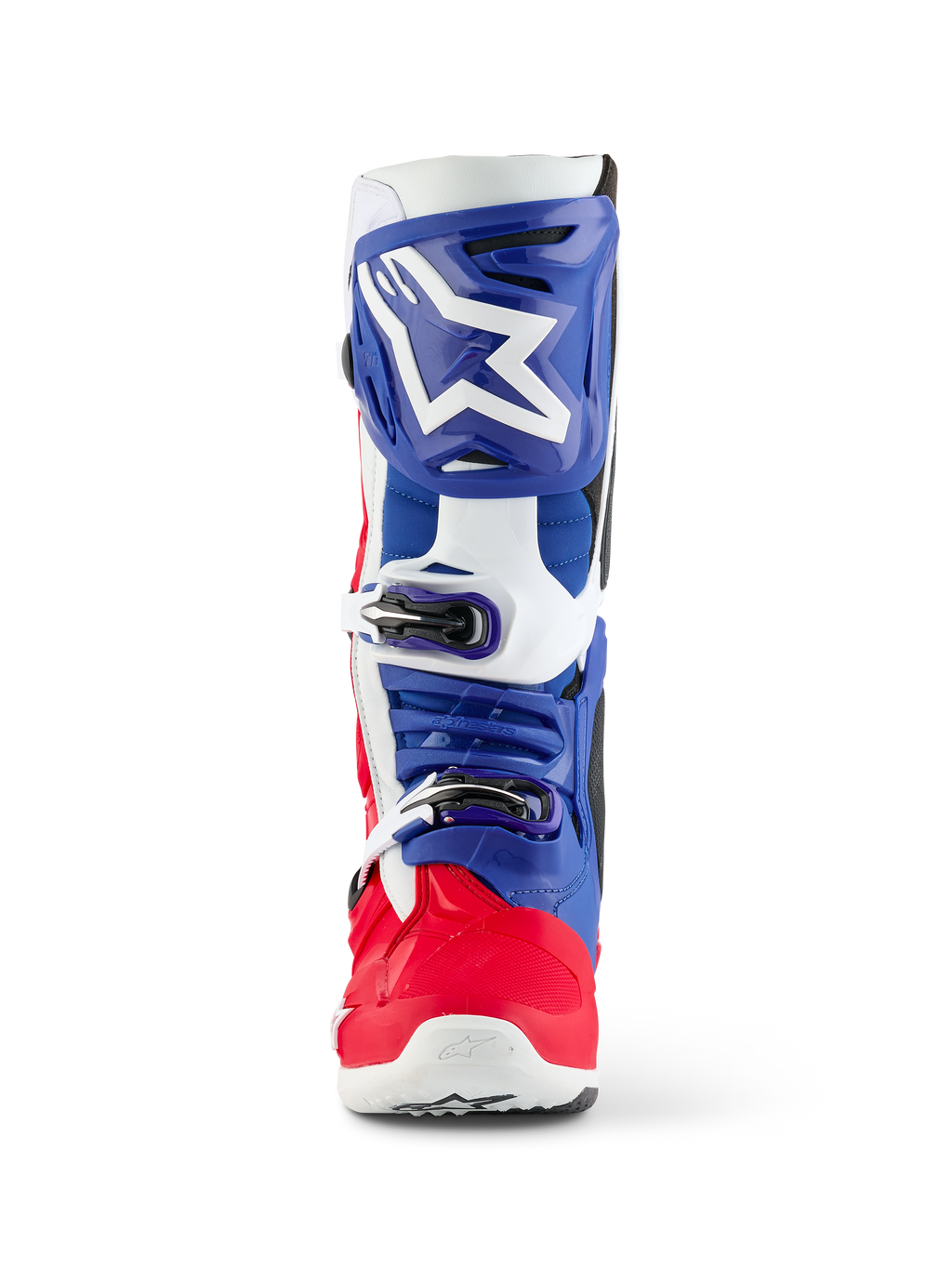 Alpinestars Limited Edition Fortitude Tech 10 støvle, motocross-støvle, rød, hvid og blå, set forfra med et stort hvidt stjernelogo på en blå skinnebensplade, tredobbelt spændelukkesystem og klar rød fodskal, designet til elite off-road præstation