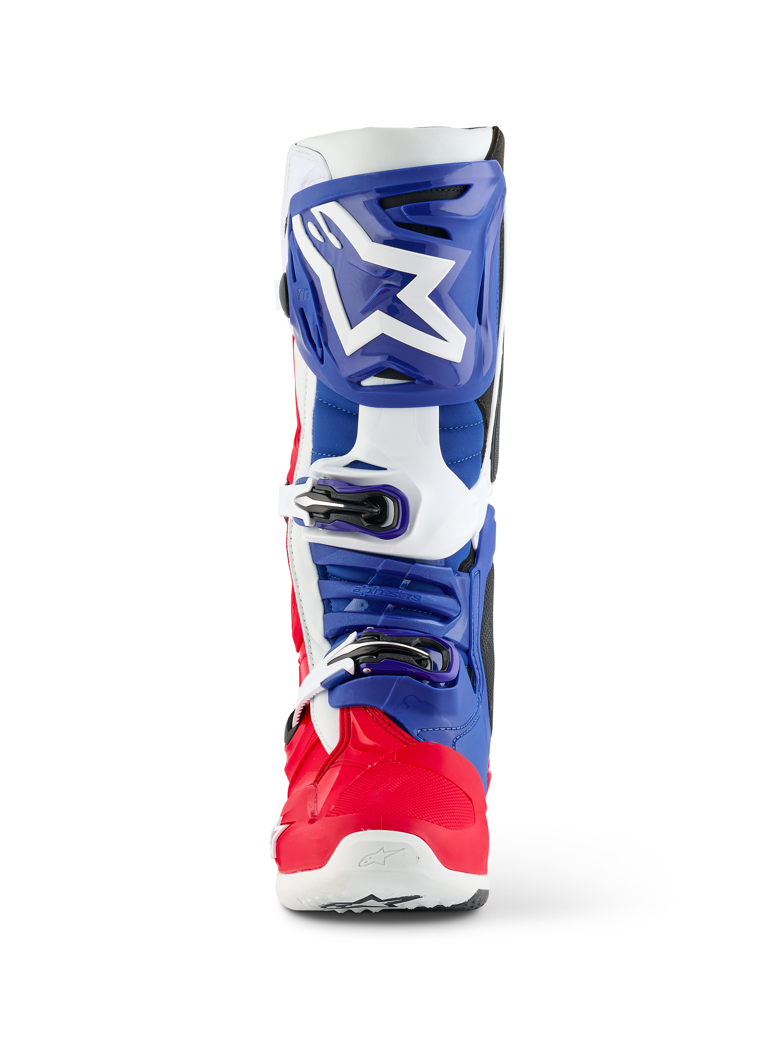 Alpinestars Limited Edition Fortitude Tech 10 støvle, motocross-støvle, rød, hvid og blå, set forfra med et stort hvidt stjernelogo på en blå skinnebensplade, tredobbelt spændelukkesystem og klar rød fodskal, designet til elite off-road præstation