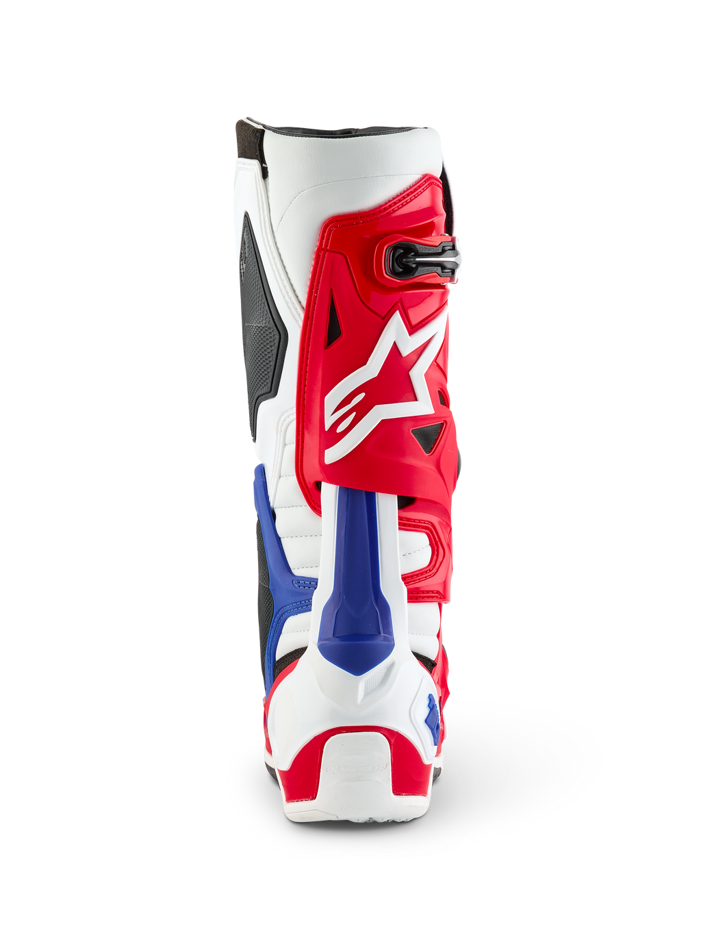 Alpinestars Limited Edition Fortitude Tech 10 støvle, set bagfra, rød, hvid og blå patriotisk farvekombination, med en markant rød overdel med hvidt stjernelogo og blå hælbeskytter, professionelt motocross-fodtøj