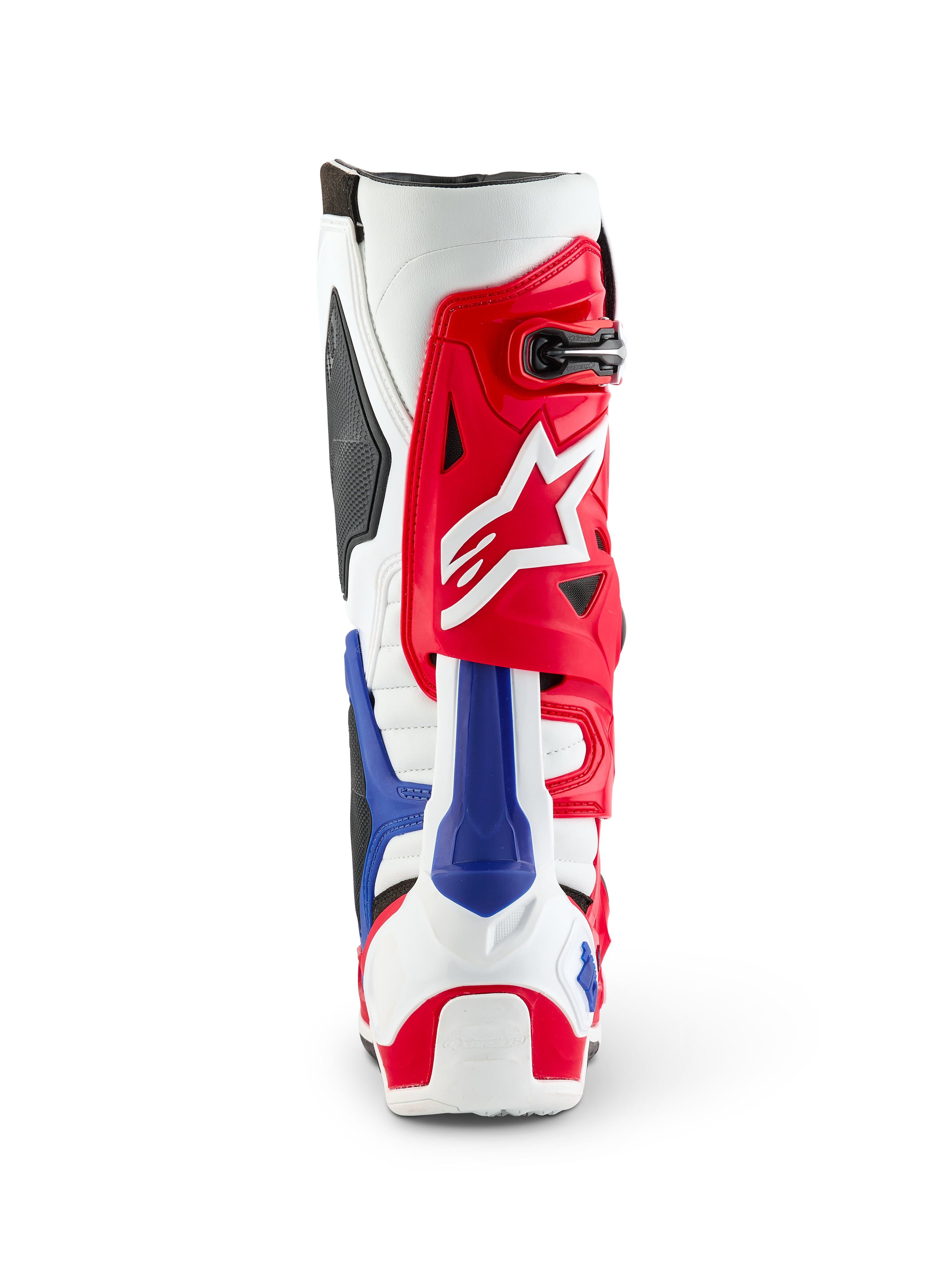 Alpinestars Limited Edition Fortitude Tech 10 støvle, set bagfra, rød, hvid og blå patriotisk farvekombination, med en markant rød overdel med hvidt stjernelogo og blå hælbeskytter, professionelt motocross-fodtøj