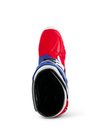 Alpinestars Limited Edition Fortitude Tech 10-støvle, motocross-støvle, klar rød, hvid og blå, set oppefra, som viser det røde tåområde og den blå krave med sort polstret inderside, holdbart off-road racingudstyr