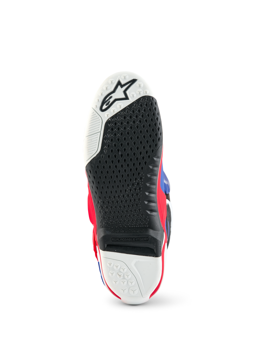 Alpinestars Limited Edition Fortitude Tech 10 støvle, sålvisning af motocross-støvle, sort og hvidt tekstureret grebsmønster, udskiftelig midterindsats, Bright Red White Blue detaljer, holdbar konstruktion til off-road kørsel