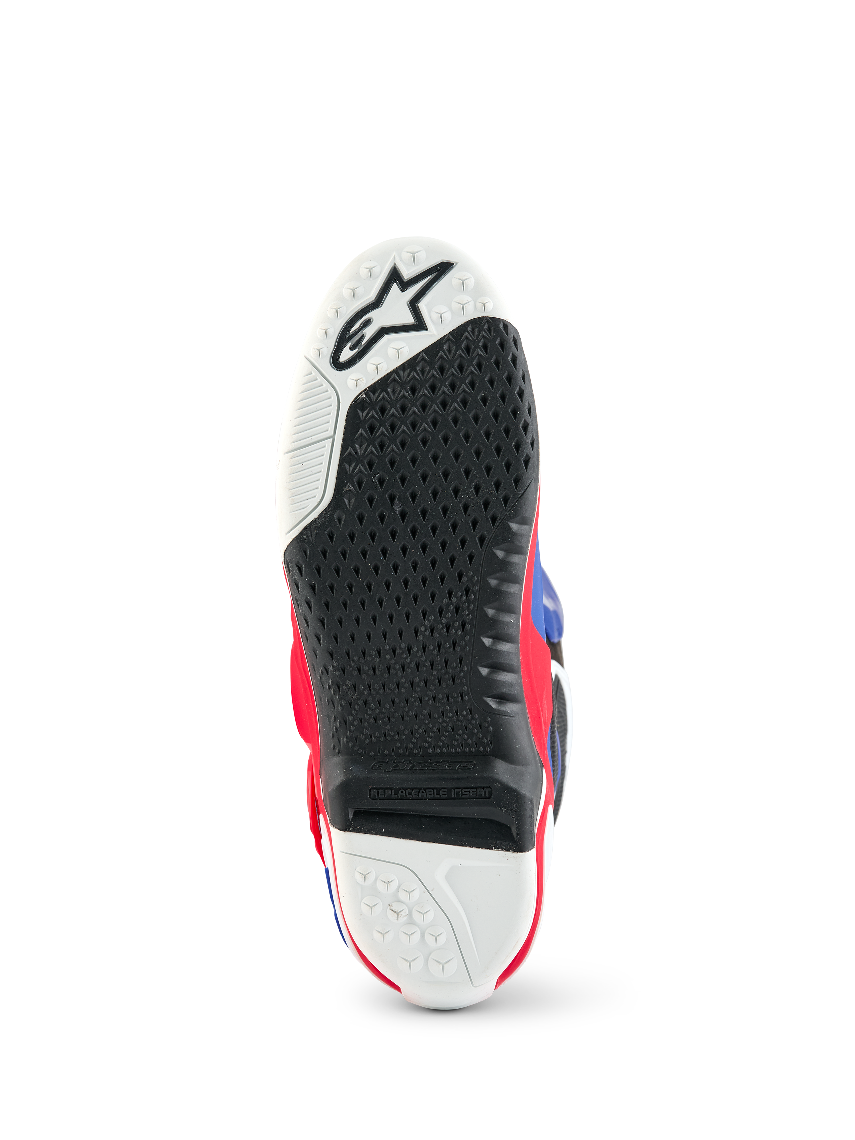 Alpinestars Limited Edition Fortitude Tech 10 støvle, sålvisning af motocross-støvle, sort og hvidt tekstureret grebsmønster, udskiftelig midterindsats, Bright Red White Blue detaljer, holdbar konstruktion til off-road kørsel