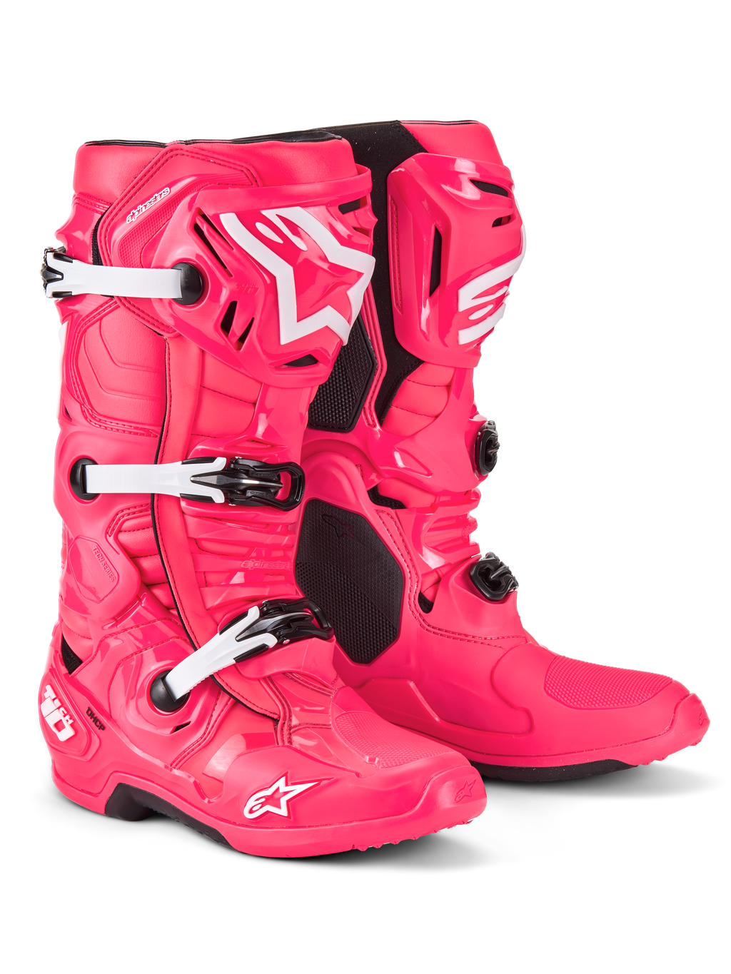 Alpinestars Tech 10-støvler, motocross-støvler, Diva Pink og hvid, med en letvægts kompositkonstruktion, tredobbelt spændesystem, TPU-beskyttelsesskal og det ikoniske stjernelogo på skinnebenet og tåen, professionelt fodtøj til terrænkørsel