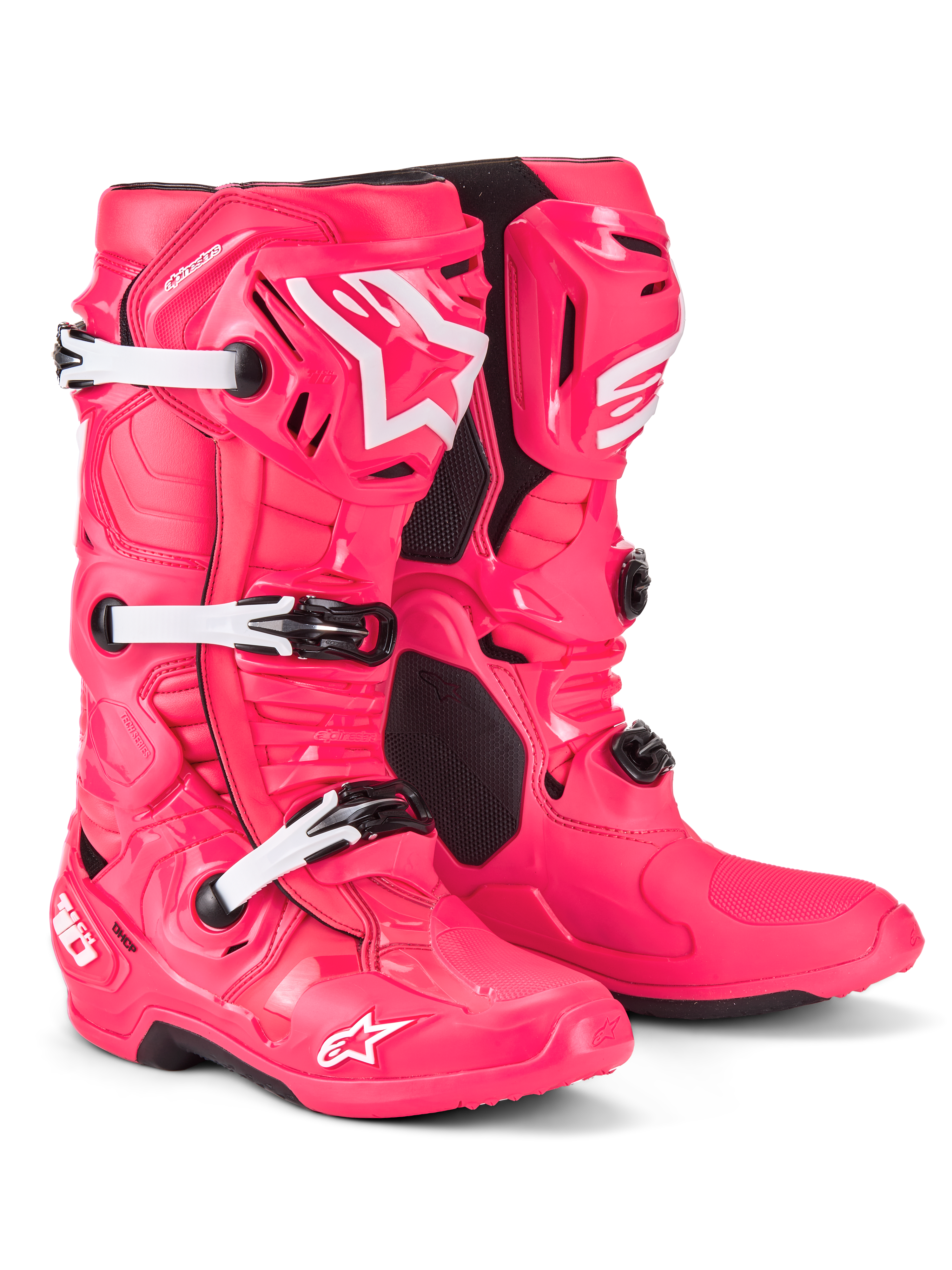 Alpinestars Tech 10-støvler, motocross-støvler, Diva Pink og hvid, med en letvægts kompositkonstruktion, tredobbelt spændesystem, TPU-beskyttelsesskal og det ikoniske stjernelogo på skinnebenet og tåen, professionelt fodtøj til terrænkørsel