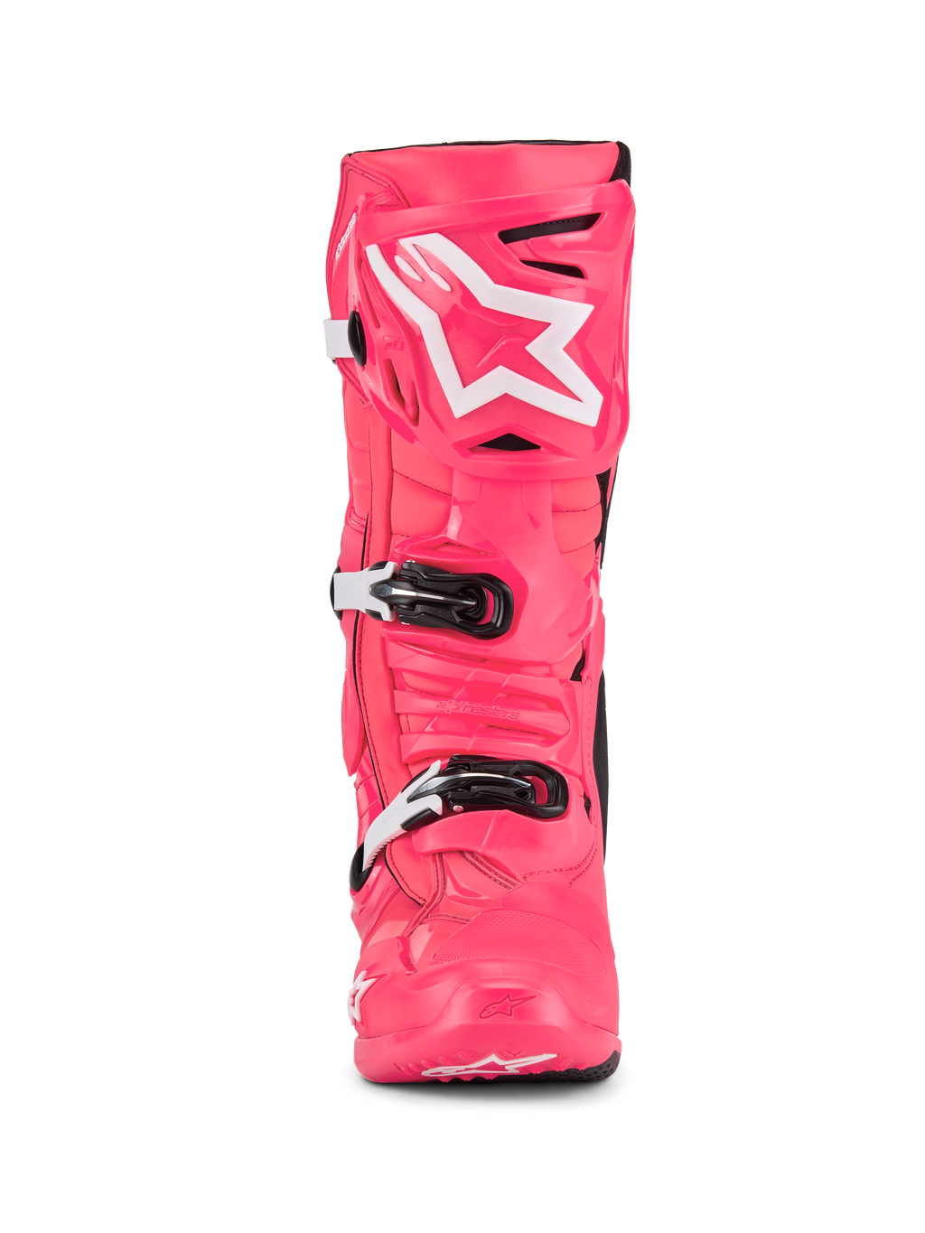 Alpinestars Tech 10 støvler, motocross-støvler, Diva Pink og hvid, set forfra, med hvidt stjernelogo på skinnebenspladen, holdbar TPU-skal med sorte og hvide spænder, professionelt fodtøj til terrænkørsel