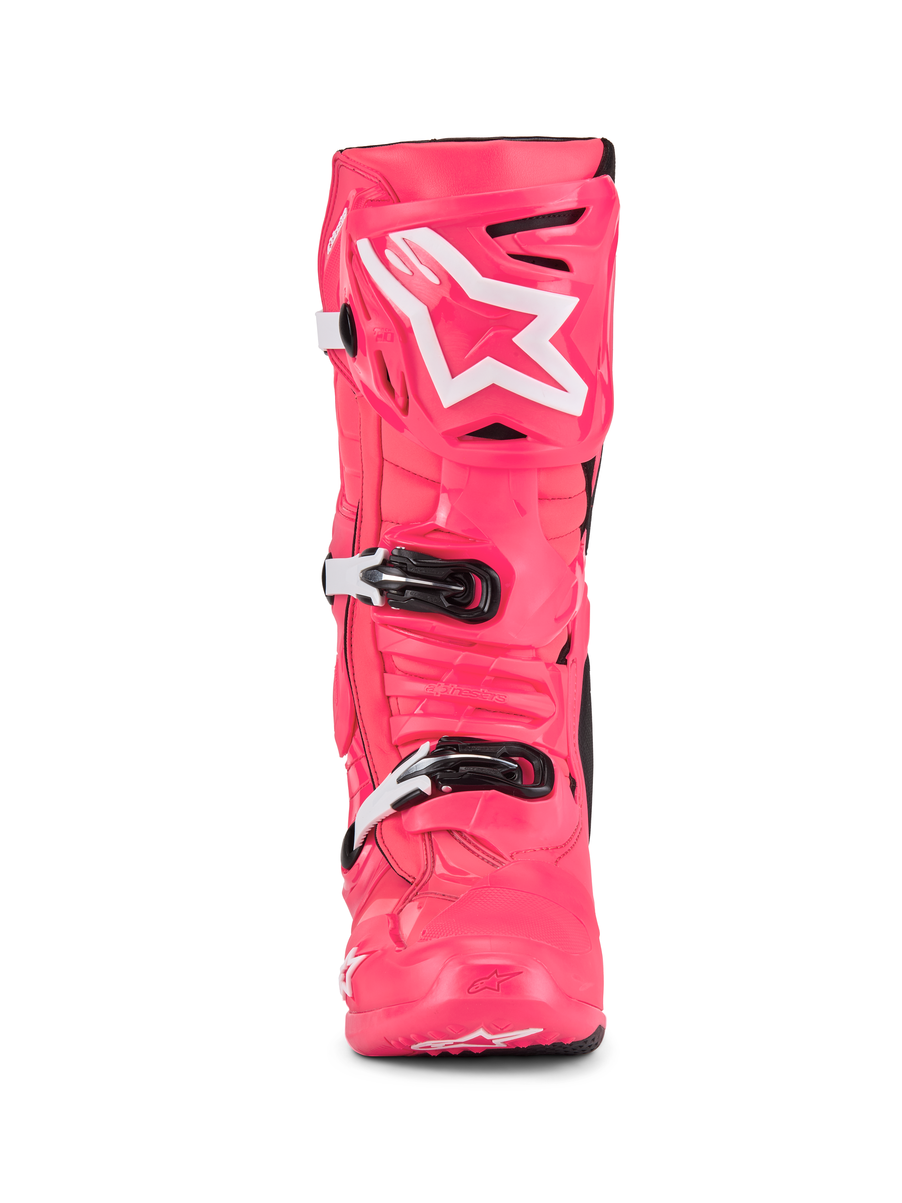 Alpinestars Tech 10 støvler, motocross-støvler, Diva Pink og hvid, set forfra, med hvidt stjernelogo på skinnebenspladen, holdbar TPU-skal med sorte og hvide spænder, professionelt fodtøj til terrænkørsel