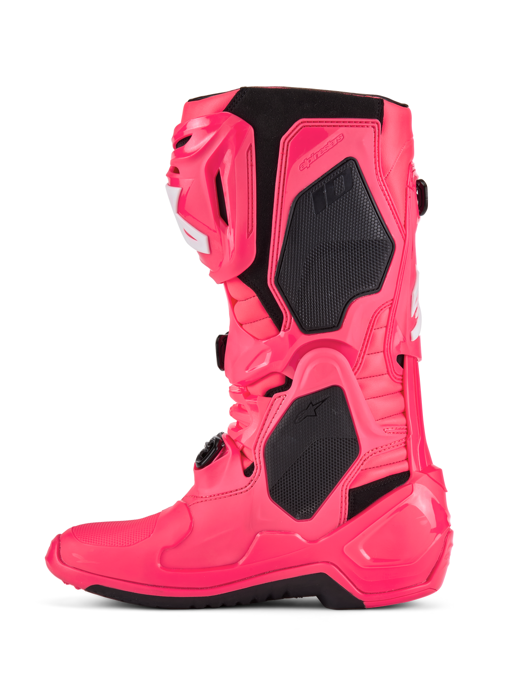 Alpinestars Tech 10 støvler, motocross-støvler, Diva Pink og hvid, med sorte TPU-beskyttelsespaneler, artikuleret flex-ramme og robust off-road design.