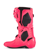 Alpinestars Tech 10 støvler, motocross-støvler, Diva Pink og hvid, med sorte TPU-beskyttelsespaneler, artikuleret flex-ramme og robust off-road design.