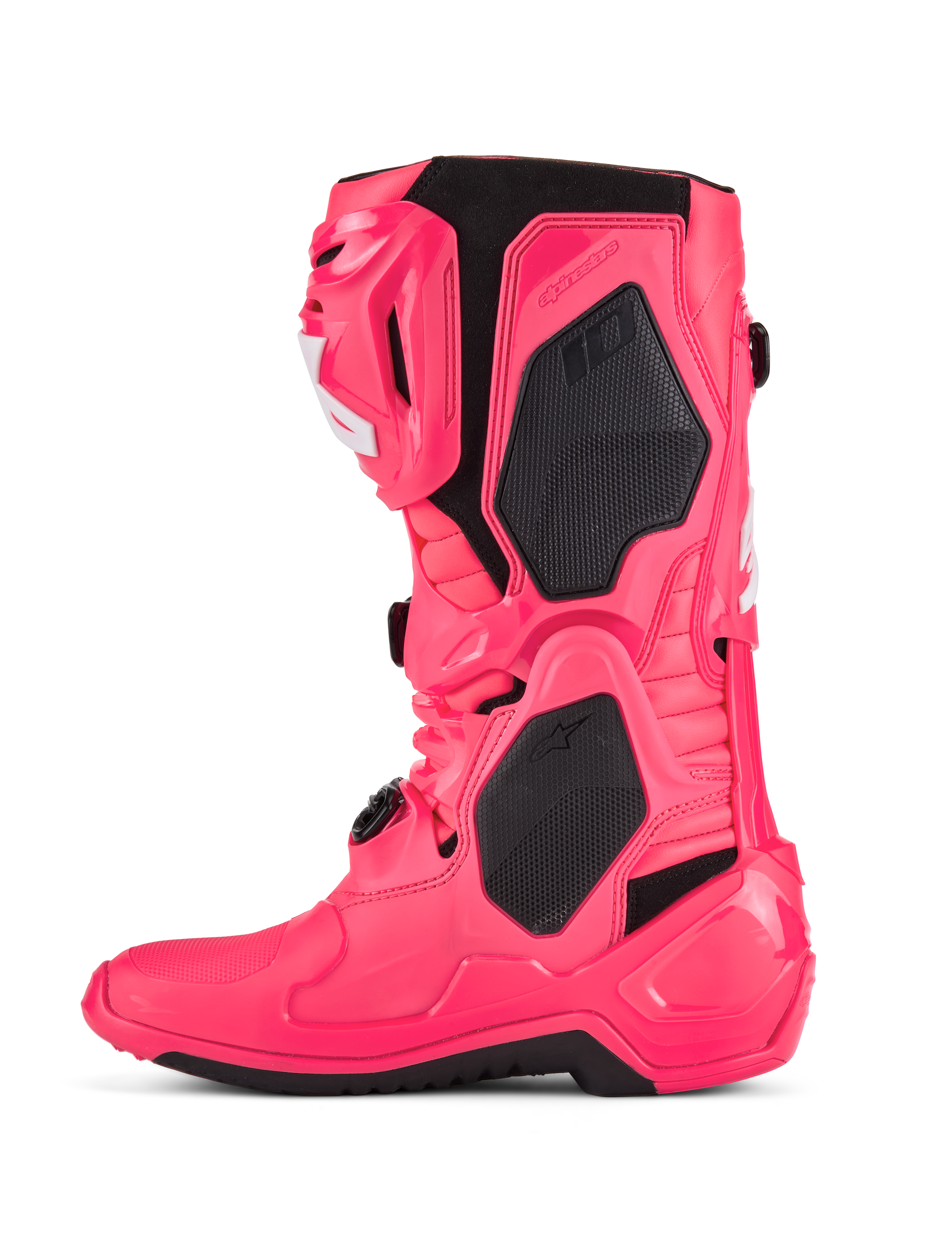 Alpinestars Tech 10 støvler, motocross-støvler, Diva Pink og hvid, med sorte TPU-beskyttelsespaneler, artikuleret flex-ramme og robust off-road design.