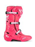 Alpinestars Tech 10 støvler, motocross racingstøvler, Diva Pink og hvid, tredobbelt spændesystem, CE-certificeret beskyttelse, tekstureret kantet design med hvide stjernelogoer og sort robust sål