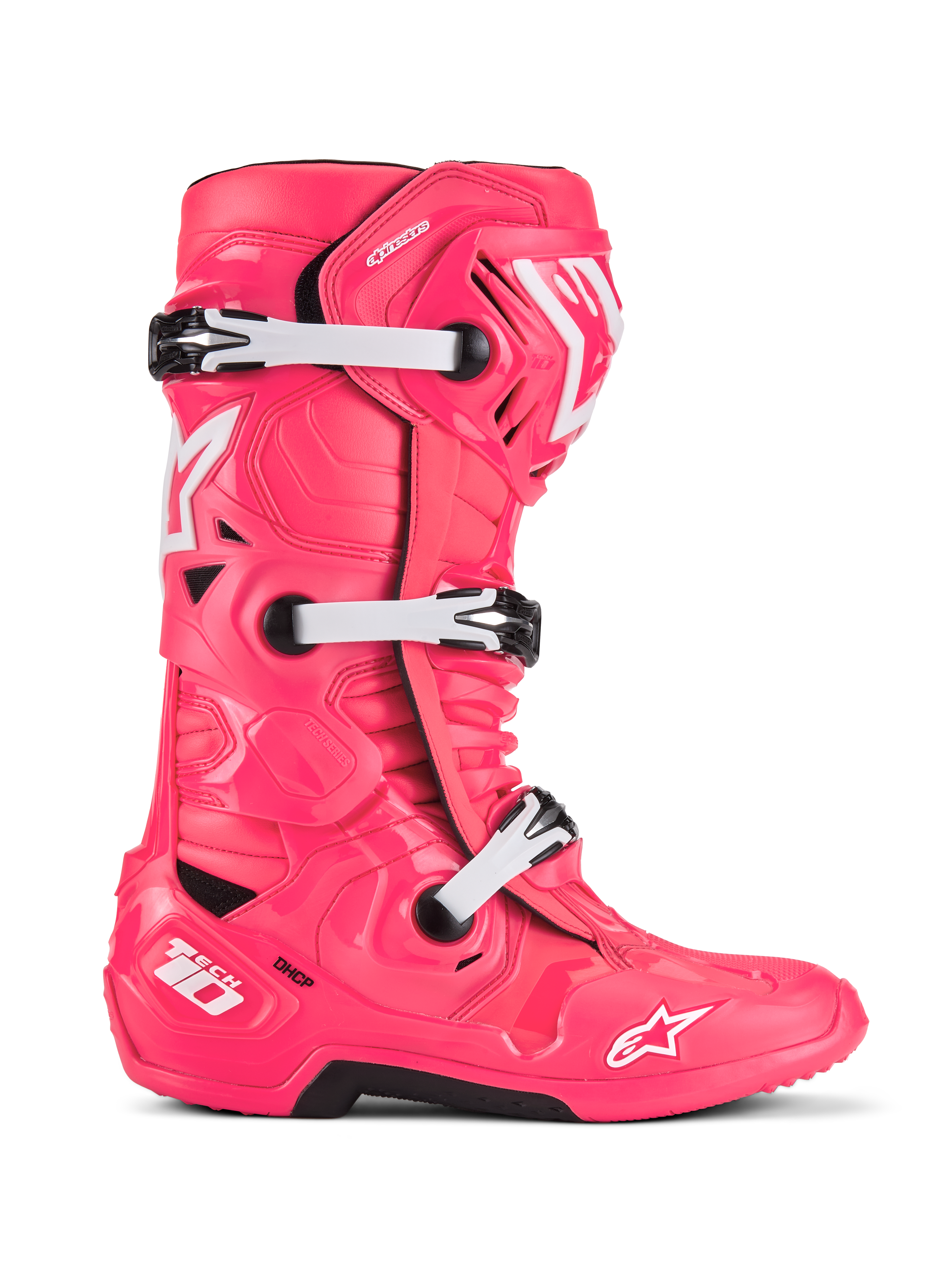Alpinestars Tech 10 støvler, motocross racingstøvler, Diva Pink og hvid, tredobbelt spændesystem, CE-certificeret beskyttelse, tekstureret kantet design med hvide stjernelogoer og sort robust sål