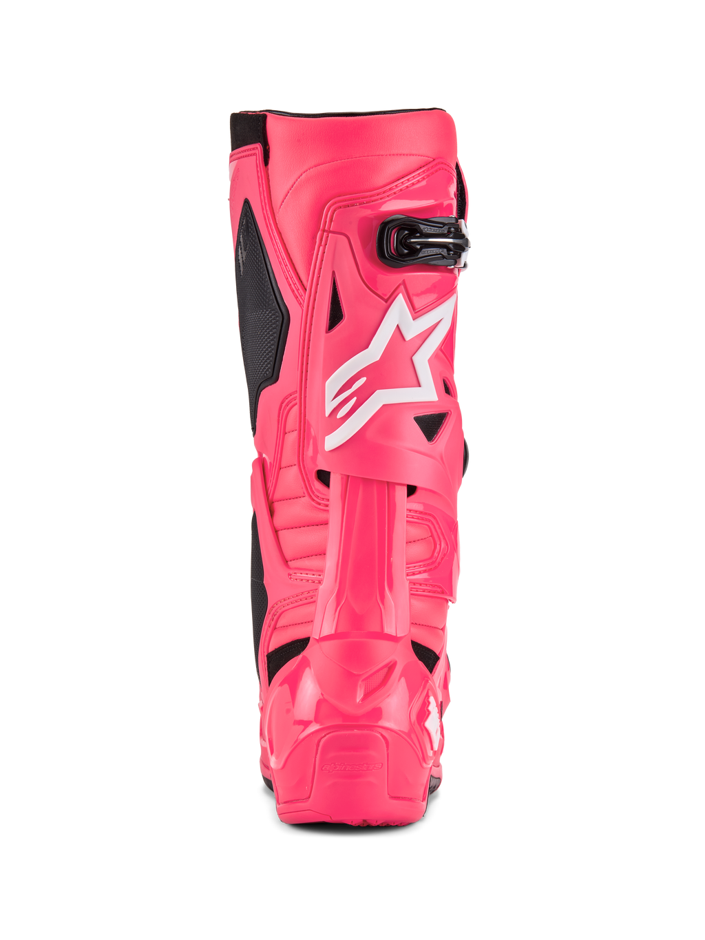 Alpinestars Tech 10 støvler, motocross-støvler, Diva Pink og hvid, set bagfra med hvidt Alpinestars stjernelogo, sorte detaljer og struktureret hæl- og lægbeskyttelse, professionelt off-road racingfodtøj