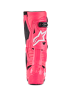 Alpinestars Tech 10 støvler, motocross-støvler, Diva Pink og hvid, set bagfra med hvidt Alpinestars stjernelogo, sorte detaljer og struktureret hæl- og lægbeskyttelse, professionelt off-road racingfodtøj