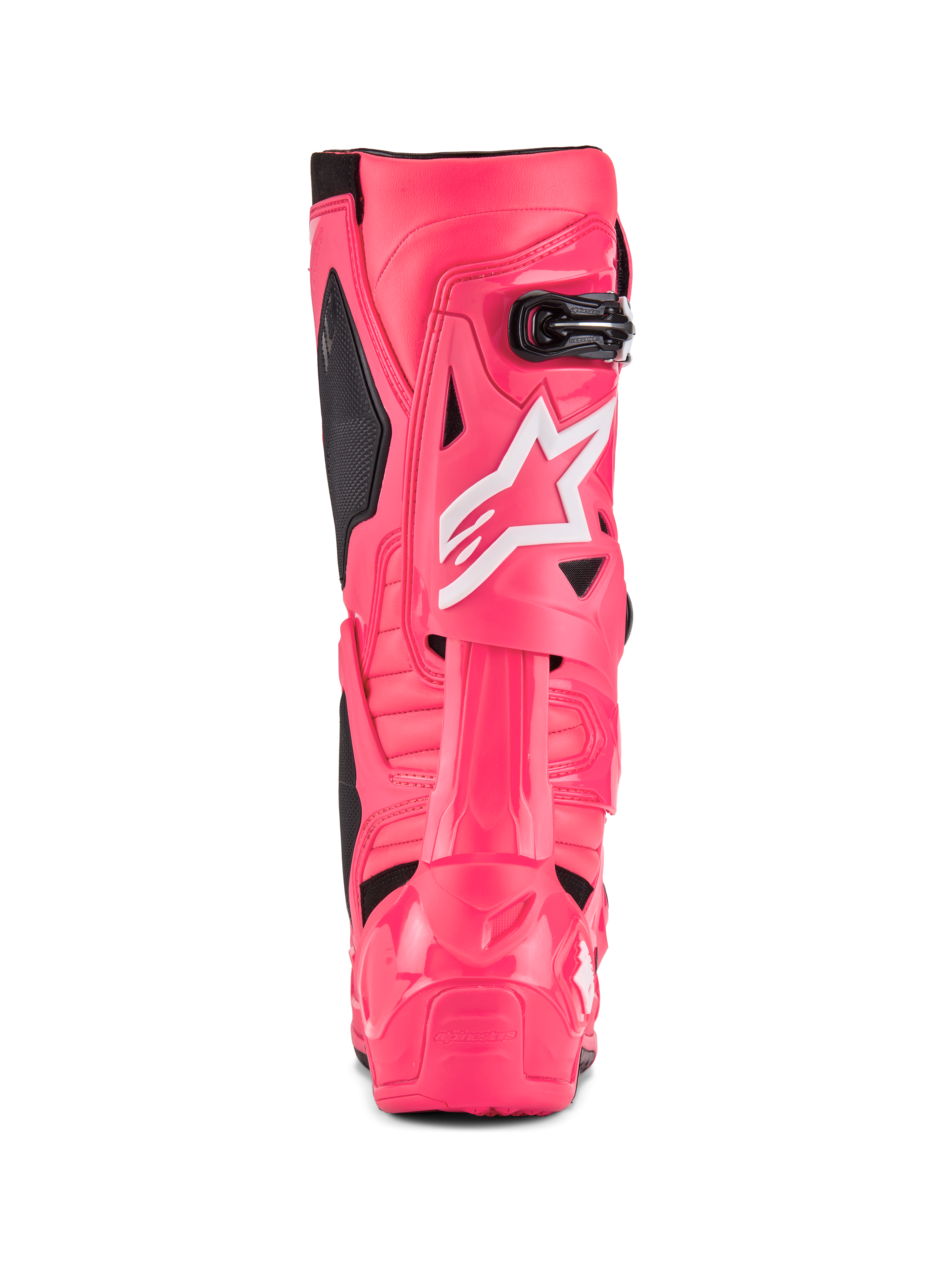 Alpinestars Tech 10 støvler, motocross-støvler, Diva Pink og hvid, set bagfra med hvidt Alpinestars stjernelogo, sorte detaljer og struktureret hæl- og lægbeskyttelse, professionelt off-road racingfodtøj