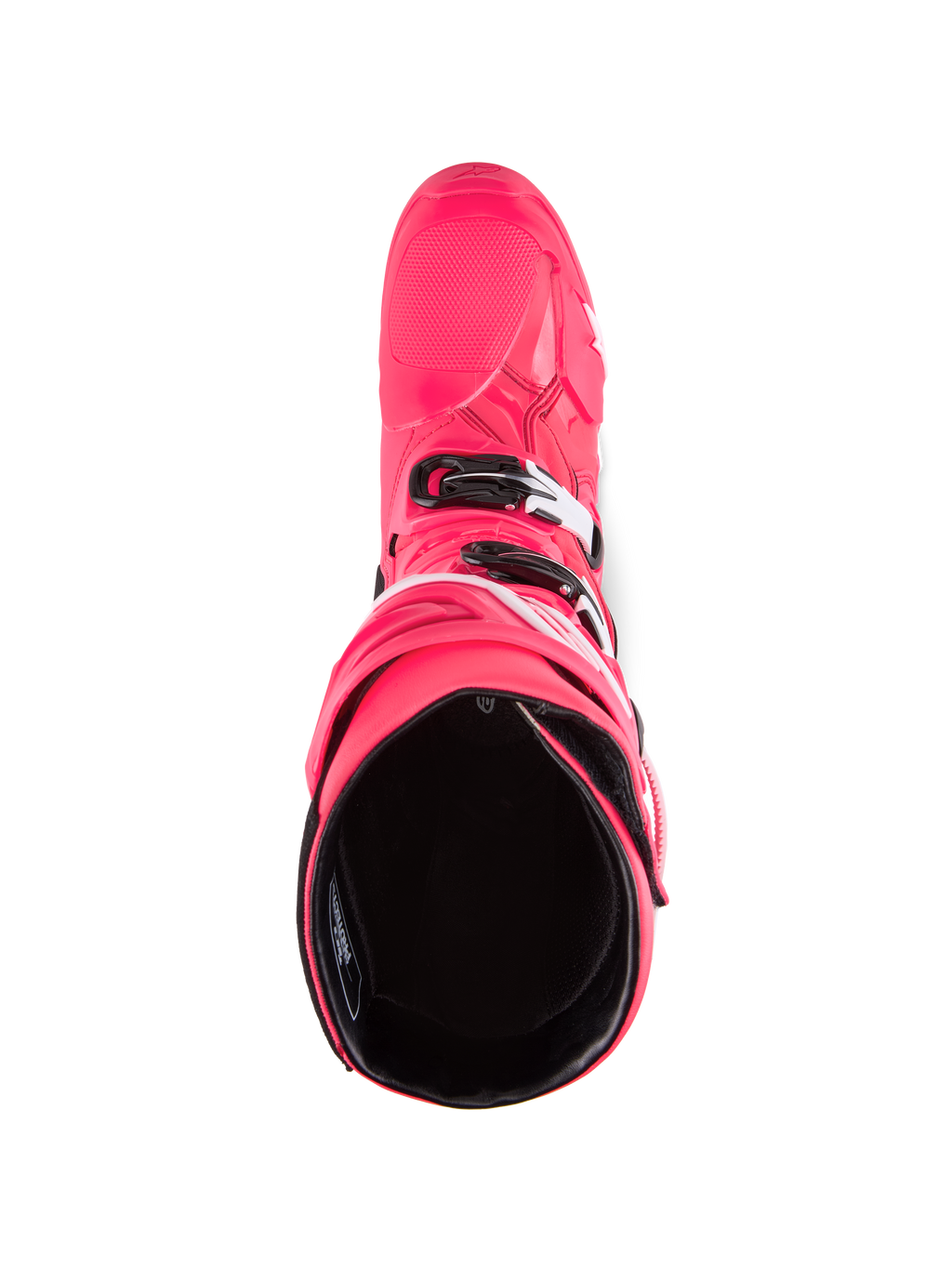 Alpinestars Tech 10 støvler, motocross-støvler, Diva Pink og hvid, set oppefra med kig ned i det sorte indvendige for, pink yderskal med hvide og sorte spændedetaljer, performance terrænfodtøj